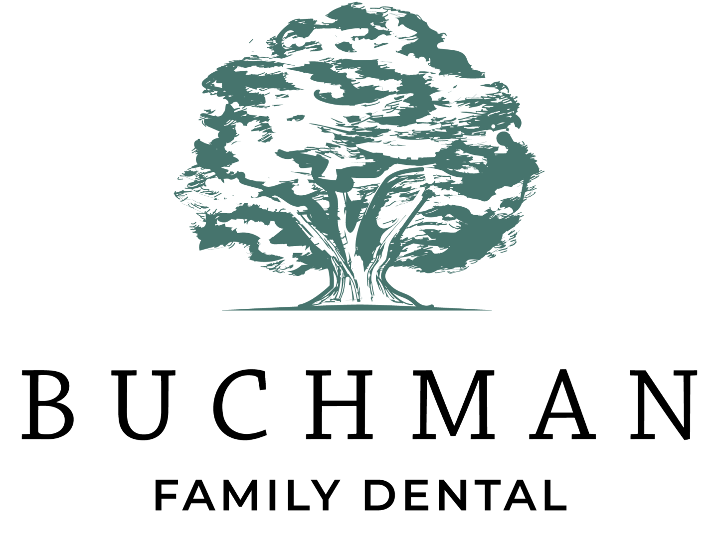 The logo for buckman family dental shows a tree with a lot of leaves.
