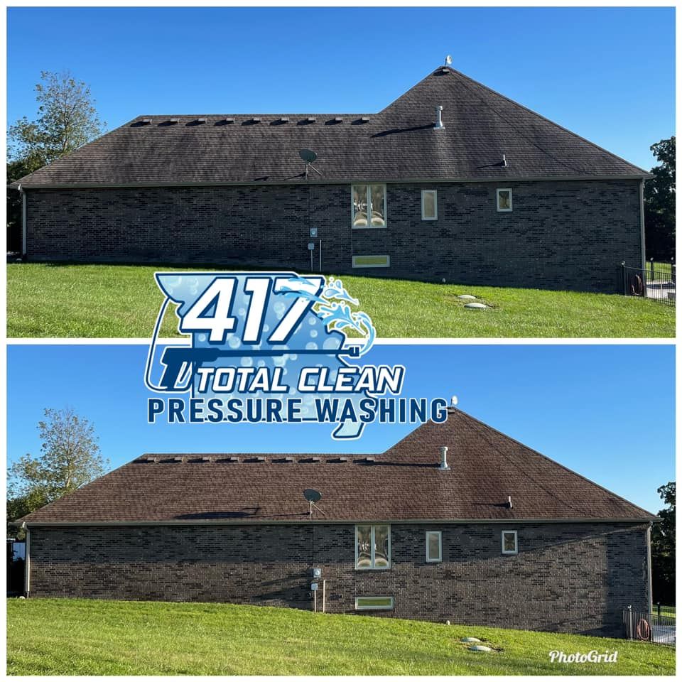 A before and after picture of a house with a roof that has been pressure washed.