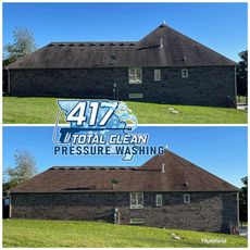 A before and after picture of a house with a roof that has been pressure washed.