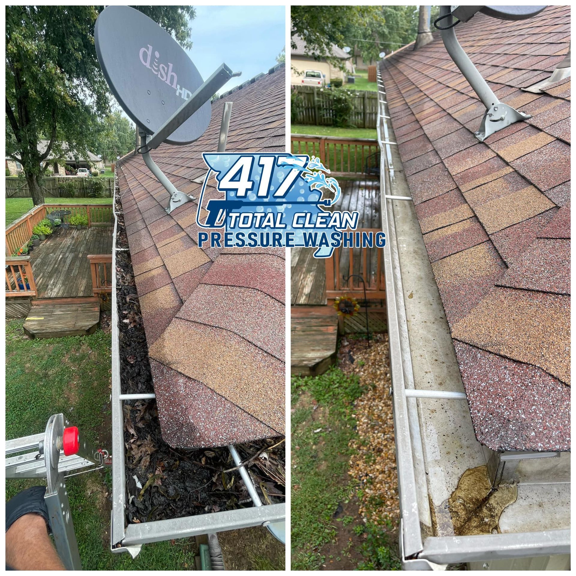 A before and after picture of a gutter being cleaned by a pressure washer.