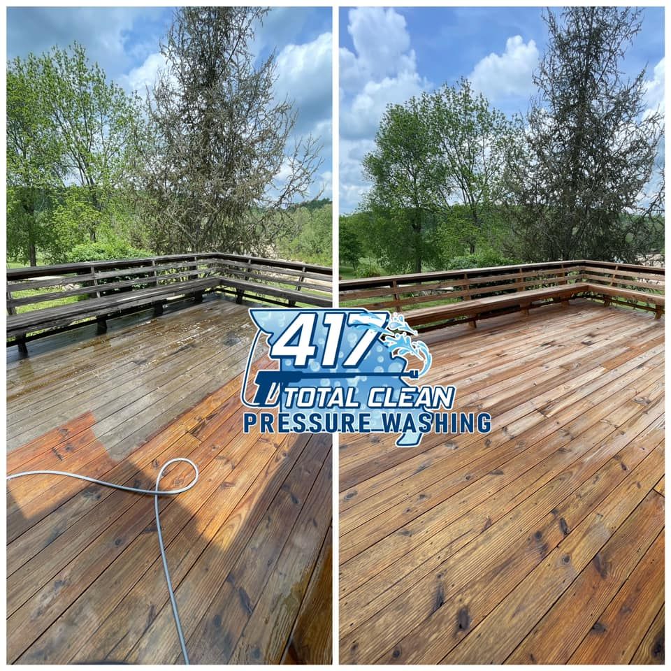 A before and after picture of a wooden deck being pressure washed.
