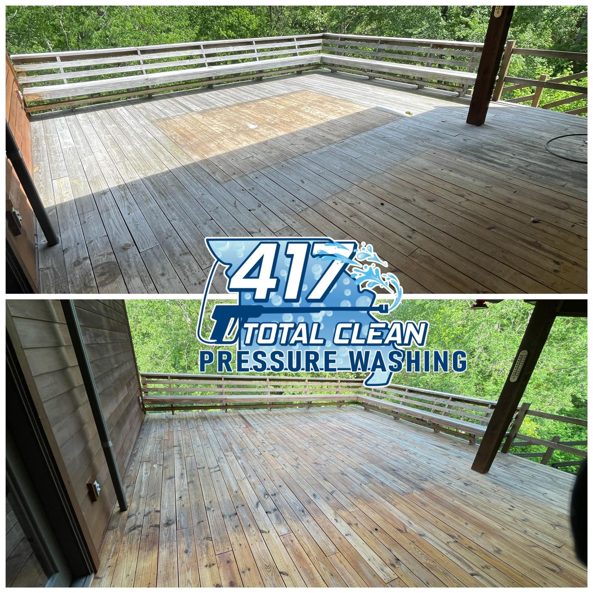 A before and after photo of a wooden deck being cleaned by 417 total clean pressure washing.