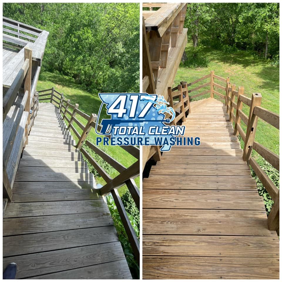 A before and after photo of a wooden deck.