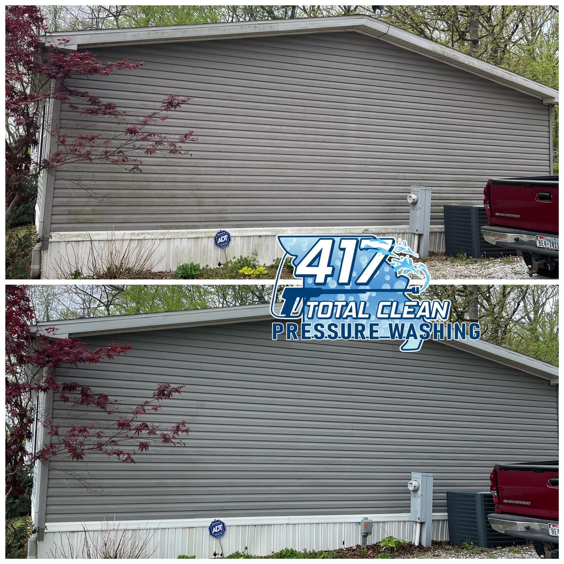A before and after picture of a house with a red truck parked in front of it.