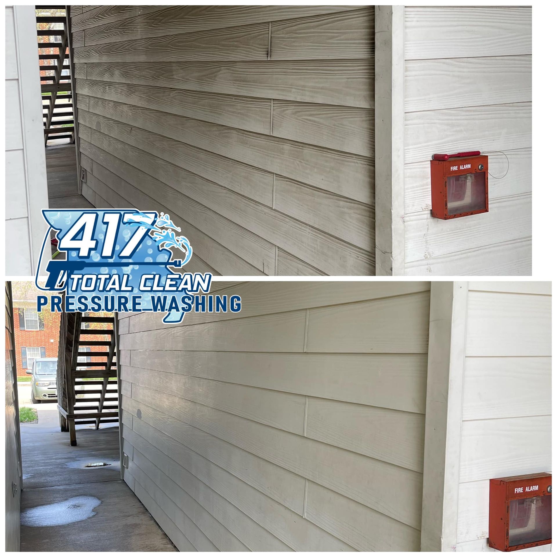 A before and after photo of a building being cleaned by 417 total clean pressure washing
