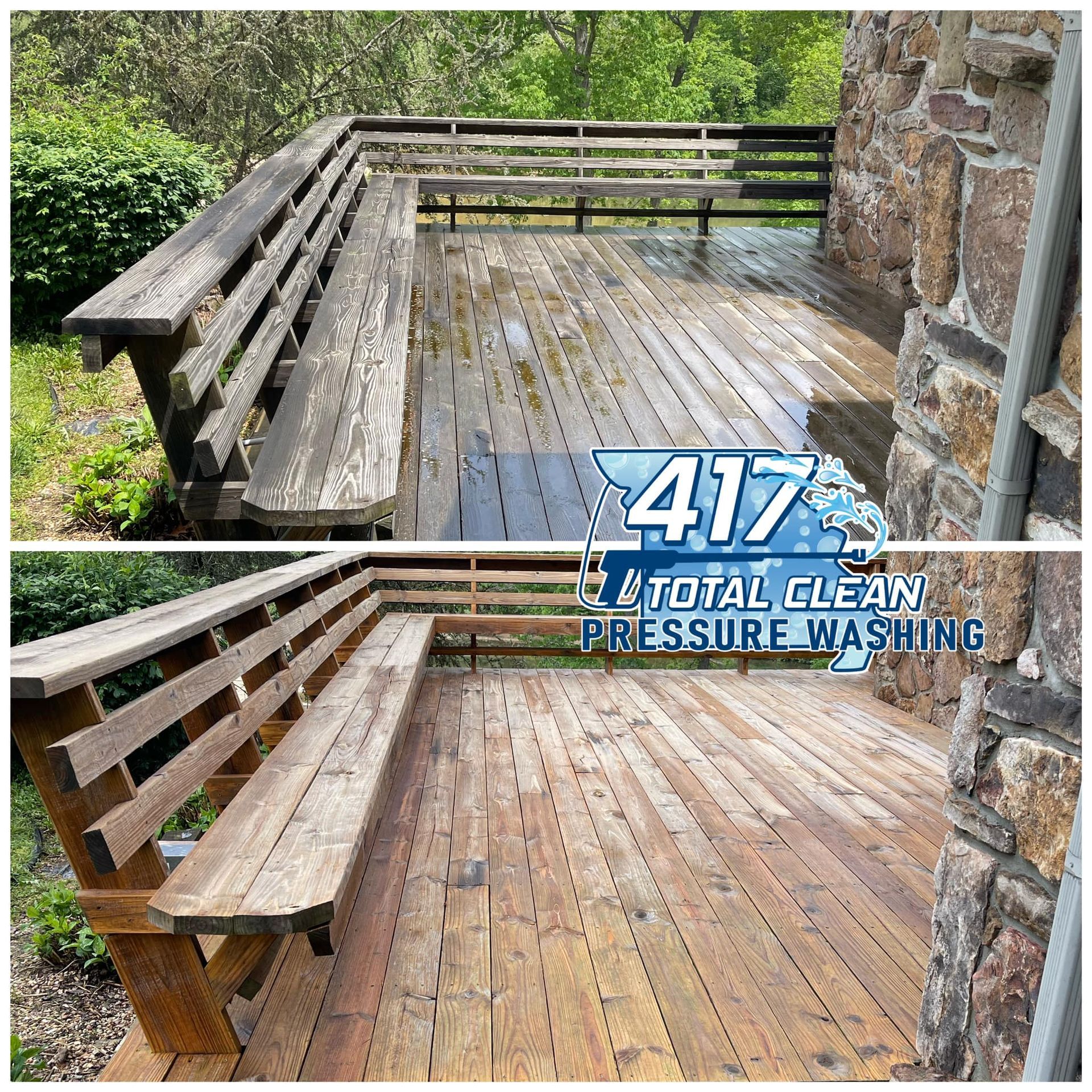 A before and after photo of a wooden deck with a bench.