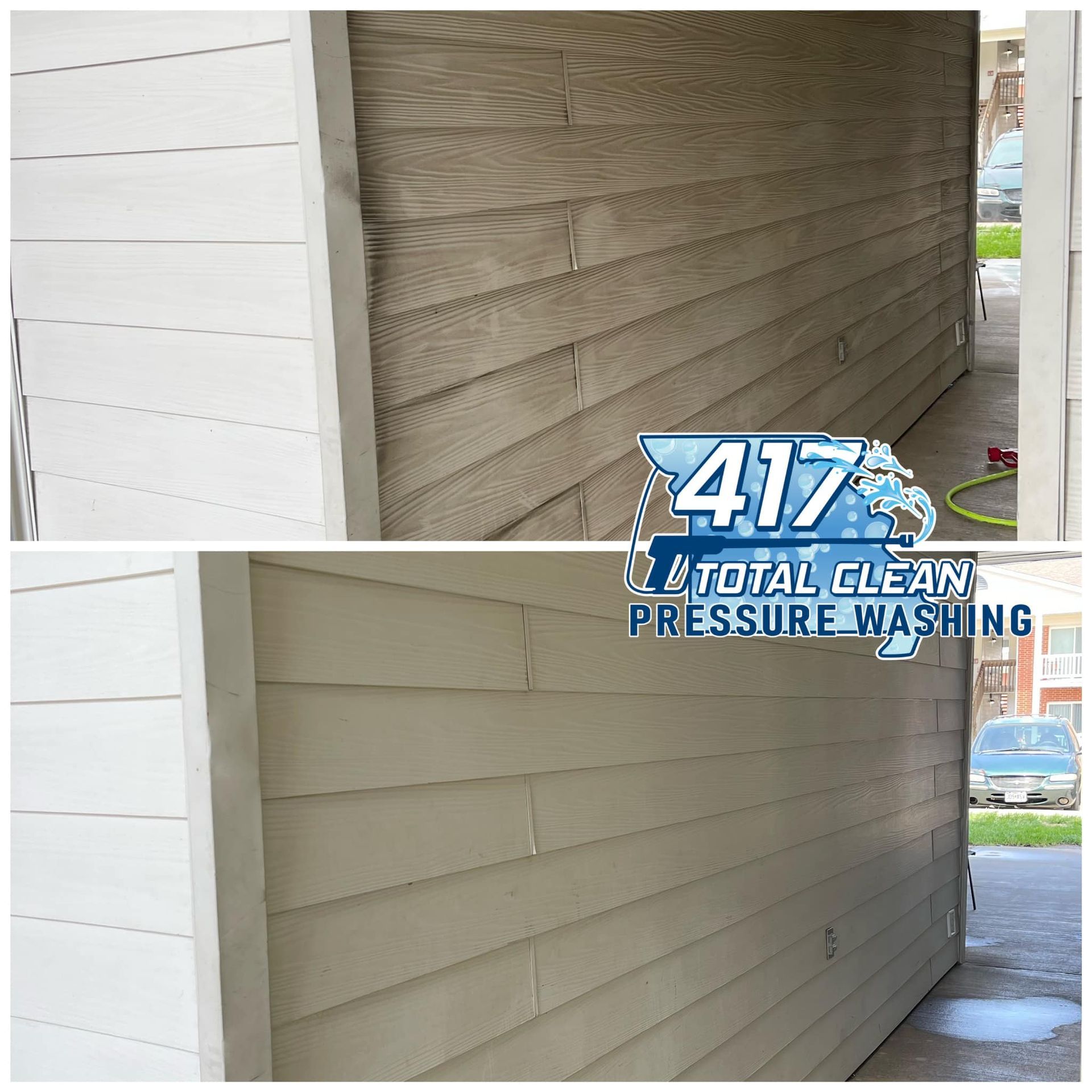 A before and after photo of a house being cleaned by 417 total clean pressure washing