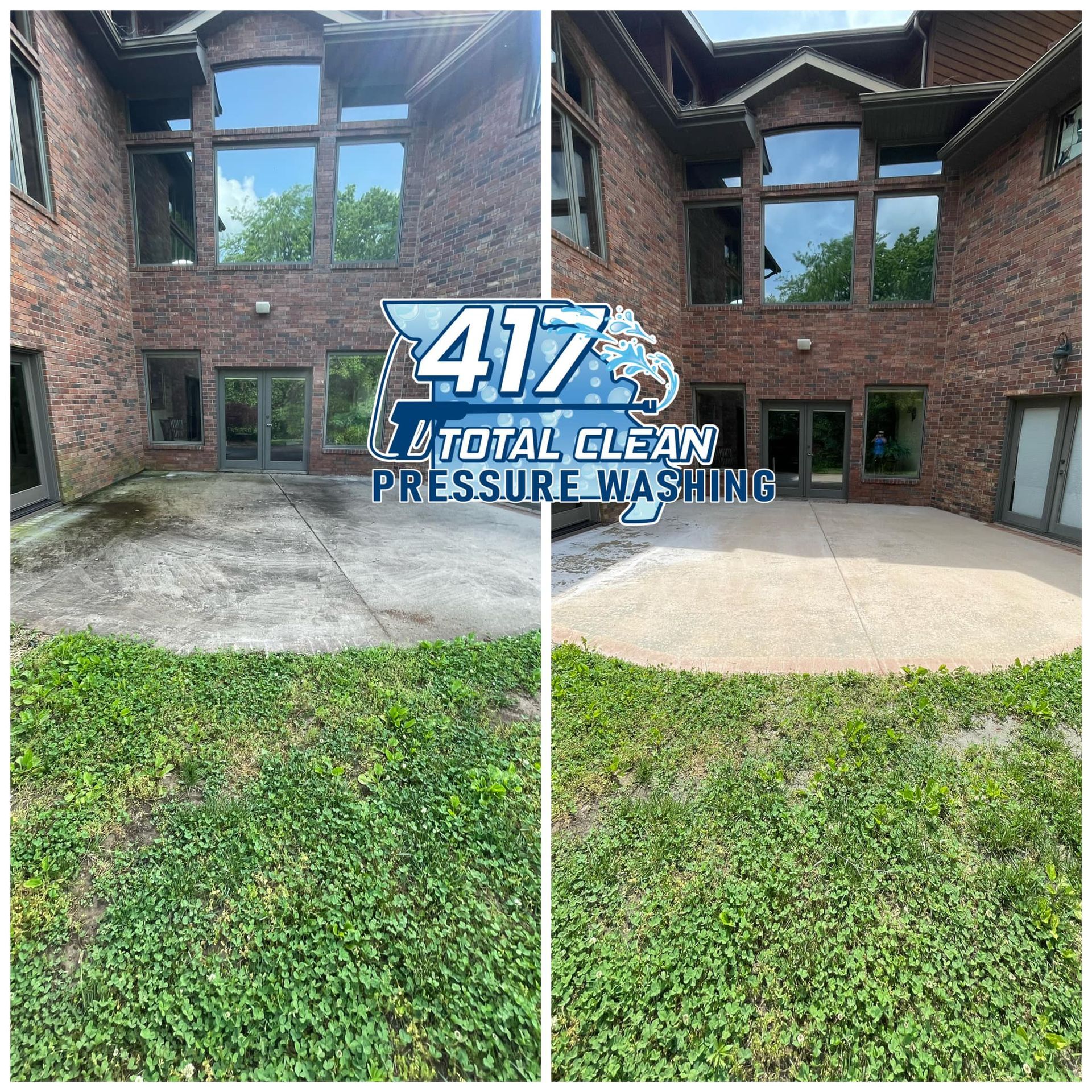 A before and after picture of a house that has been pressure washed.