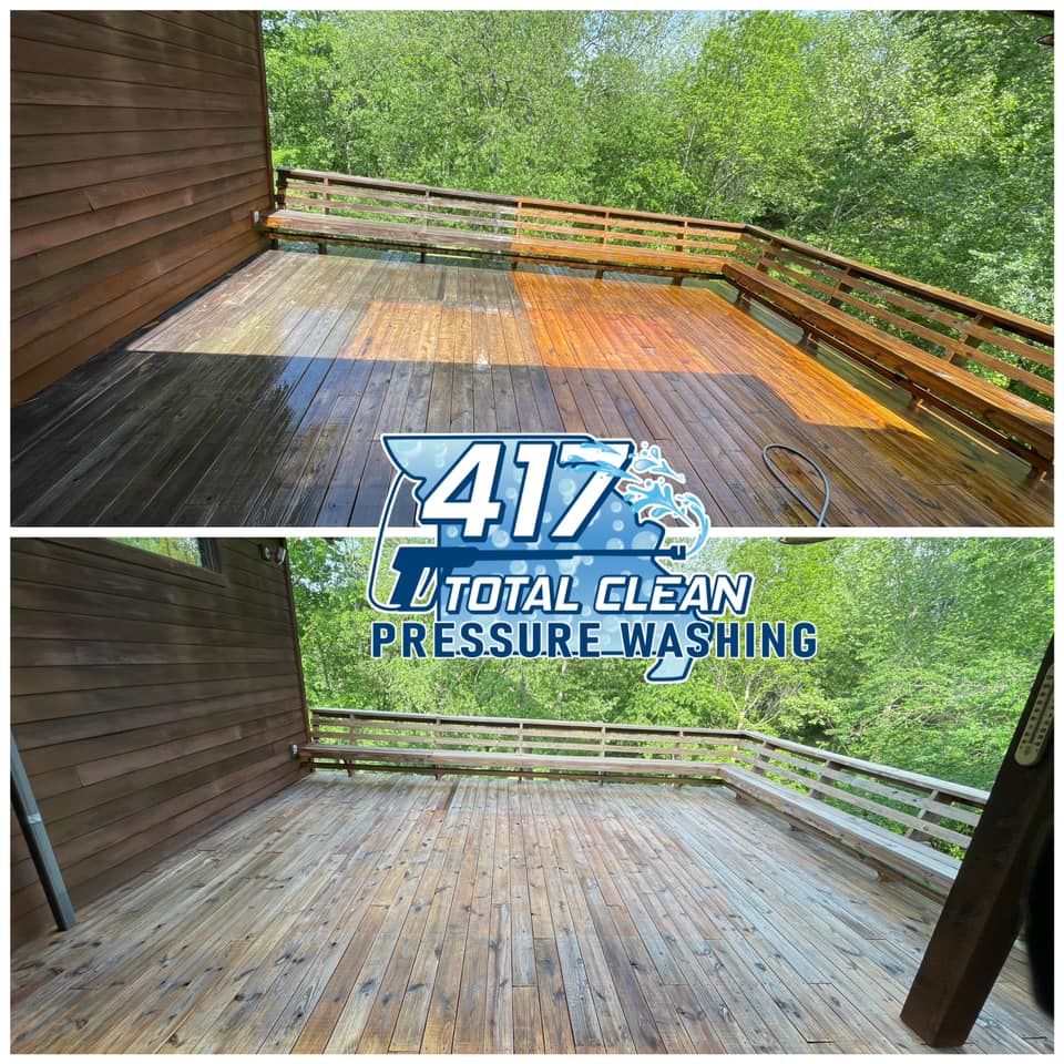 A before and after picture of a wooden deck that has been pressure washed.
