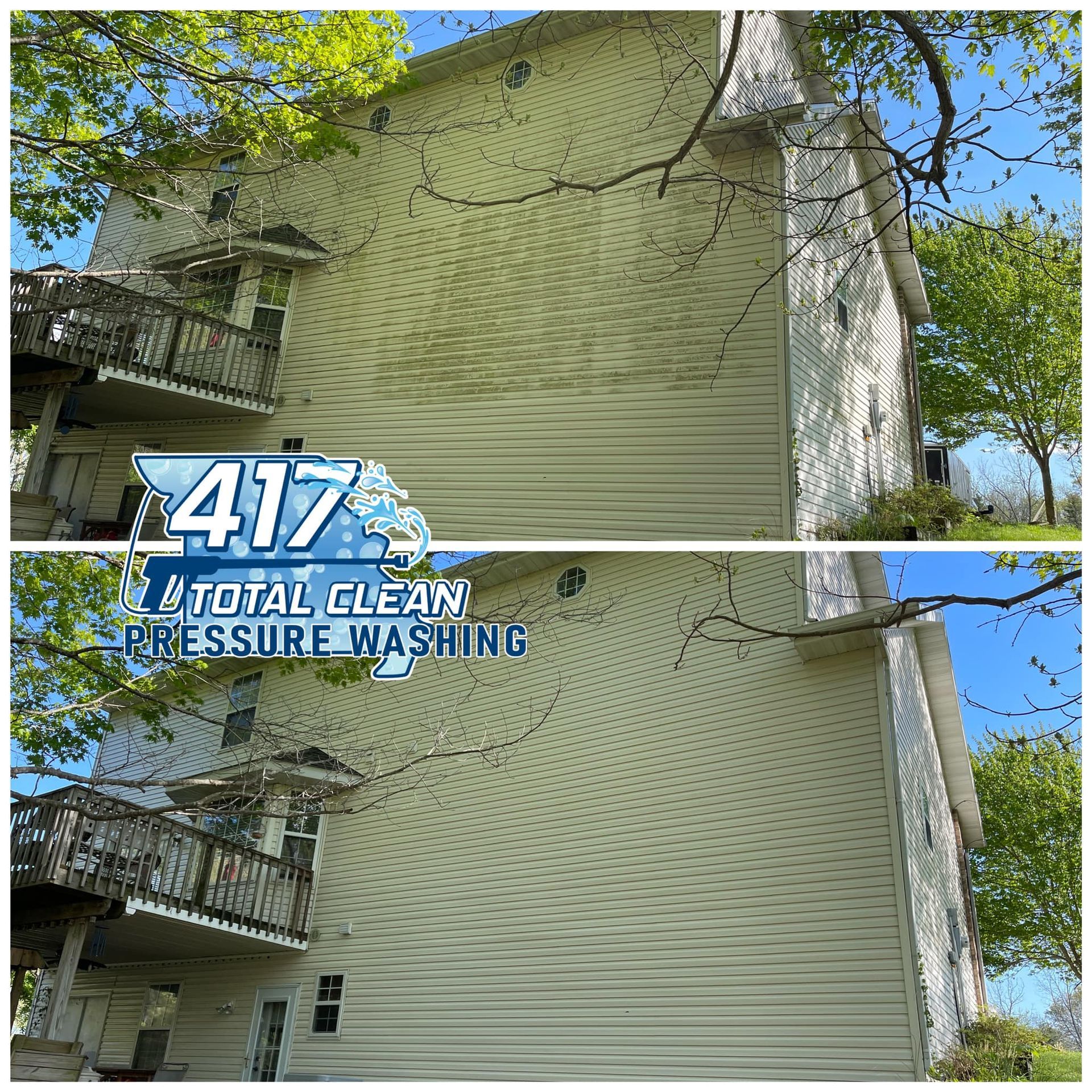 A before and after picture of a house that has been pressure washed.