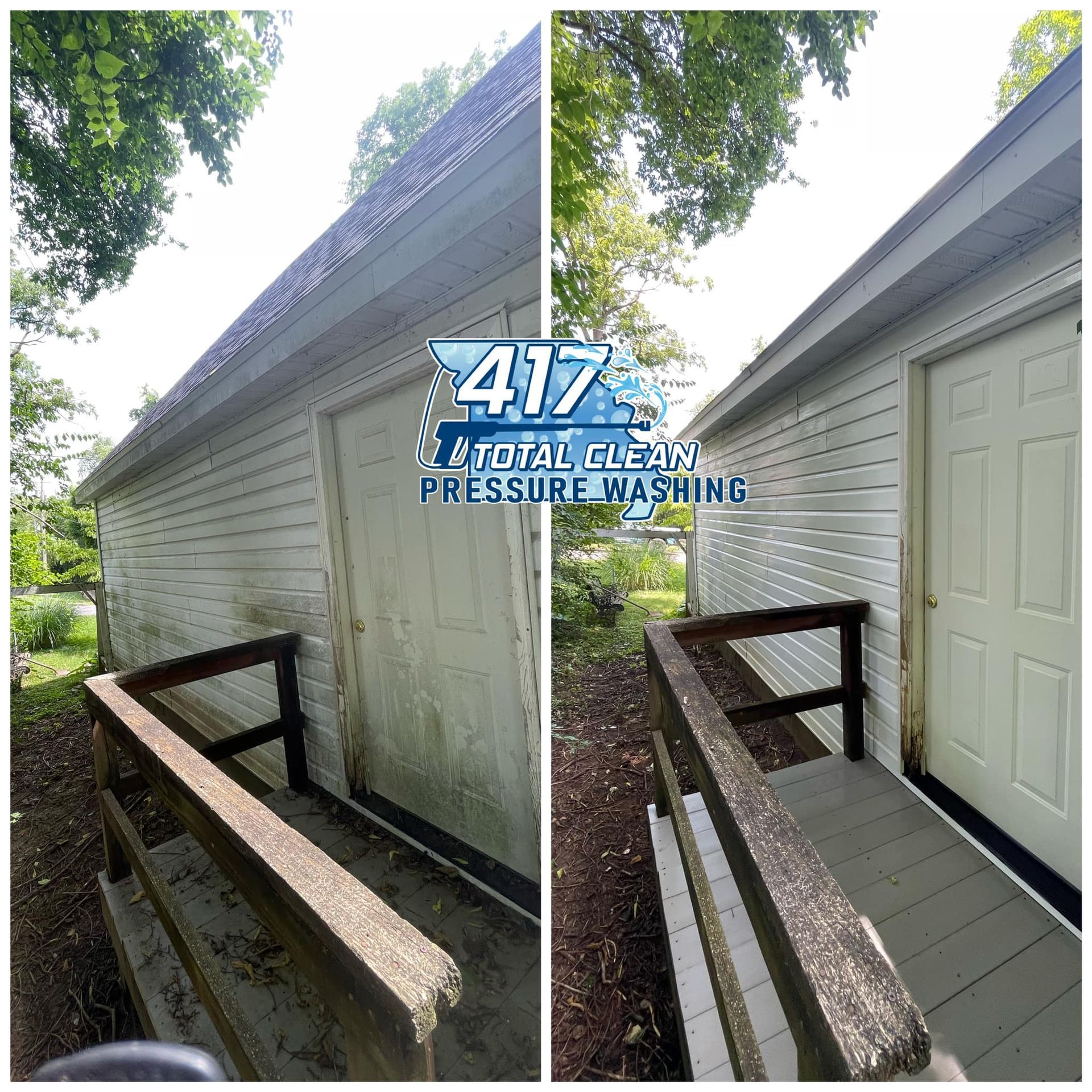 A before and after picture of a house that has been pressure washed.