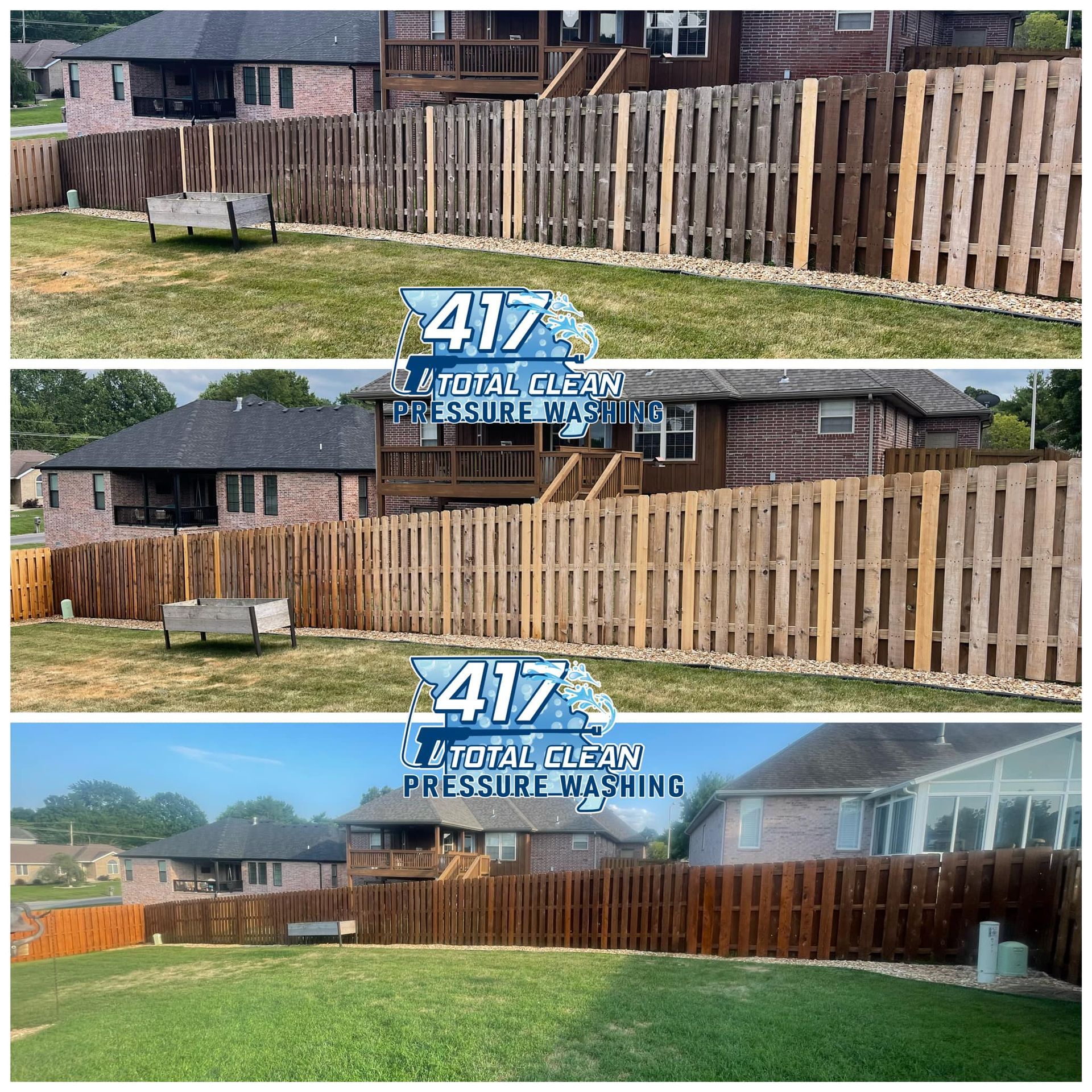 A before and after picture of a wooden fence in a backyard.