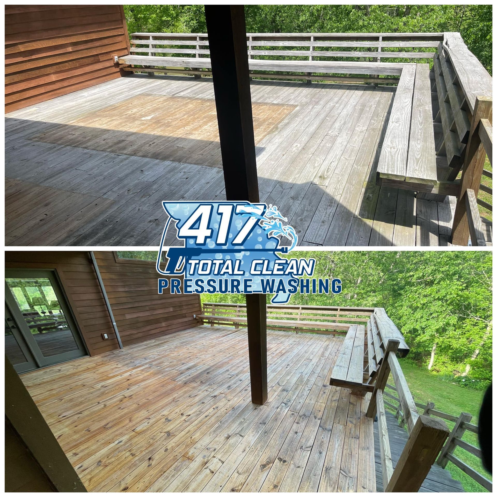A before and after photo of a wooden deck with a bench.