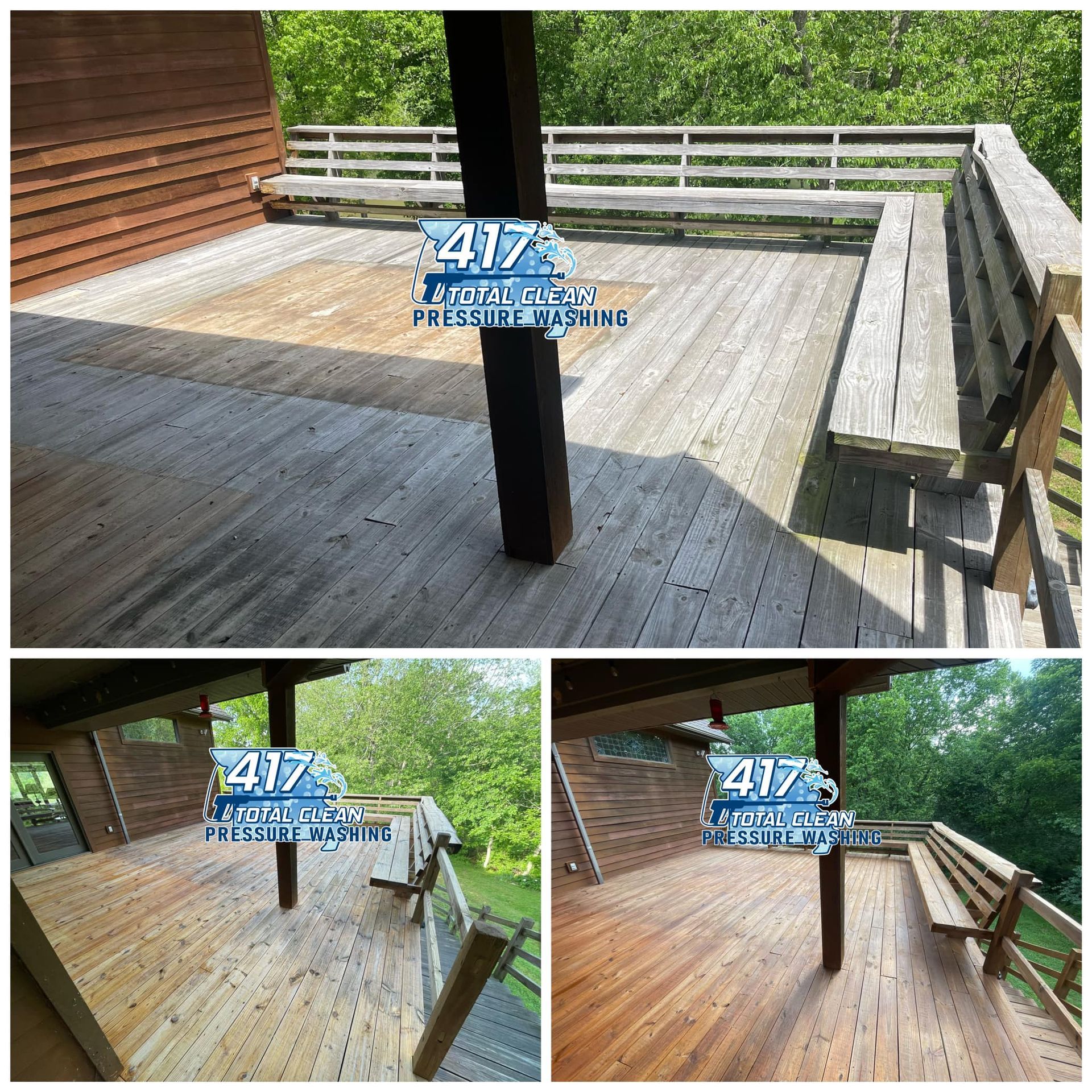 A wooden deck with a bench and a sign that says 417