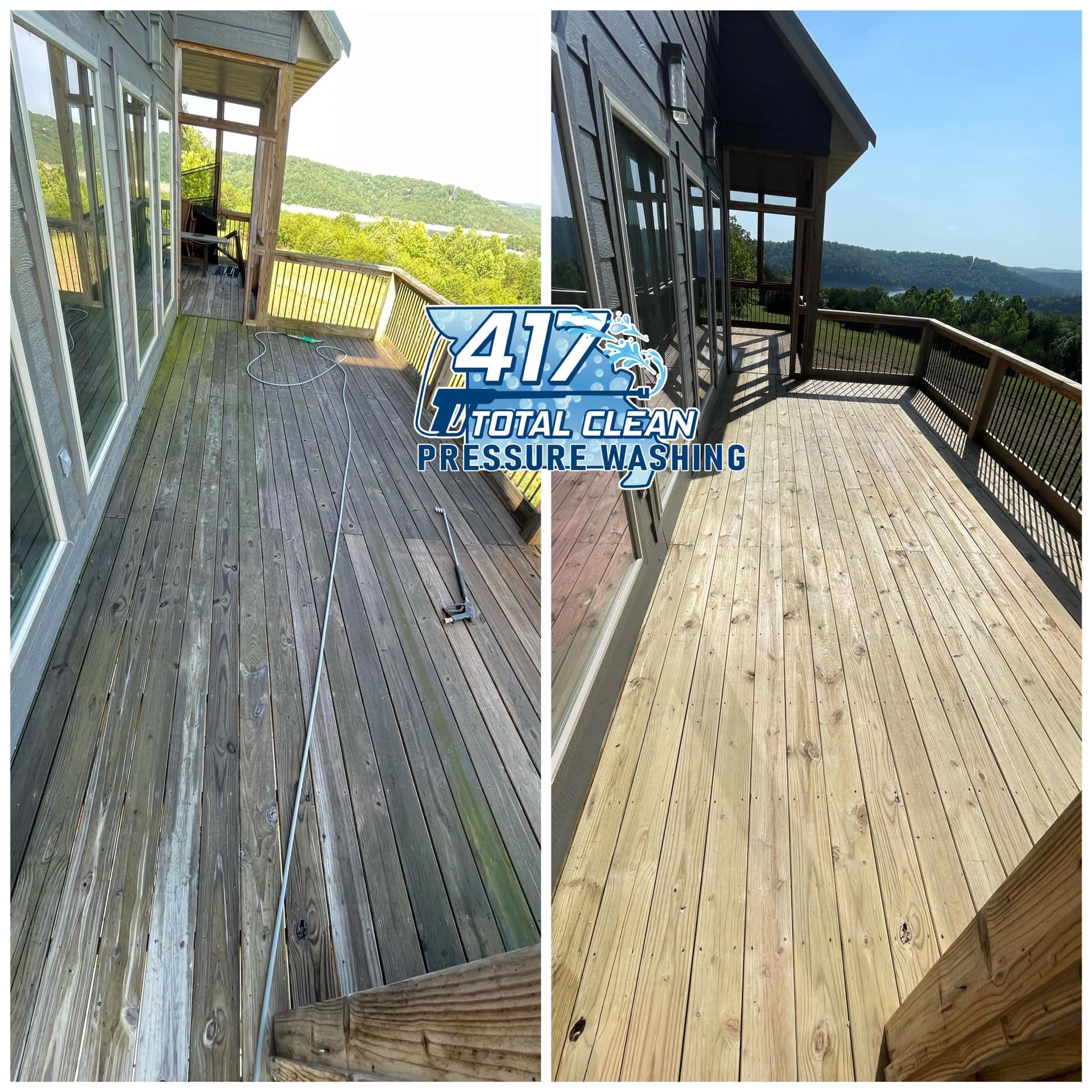 A before and after photo of a wooden deck.