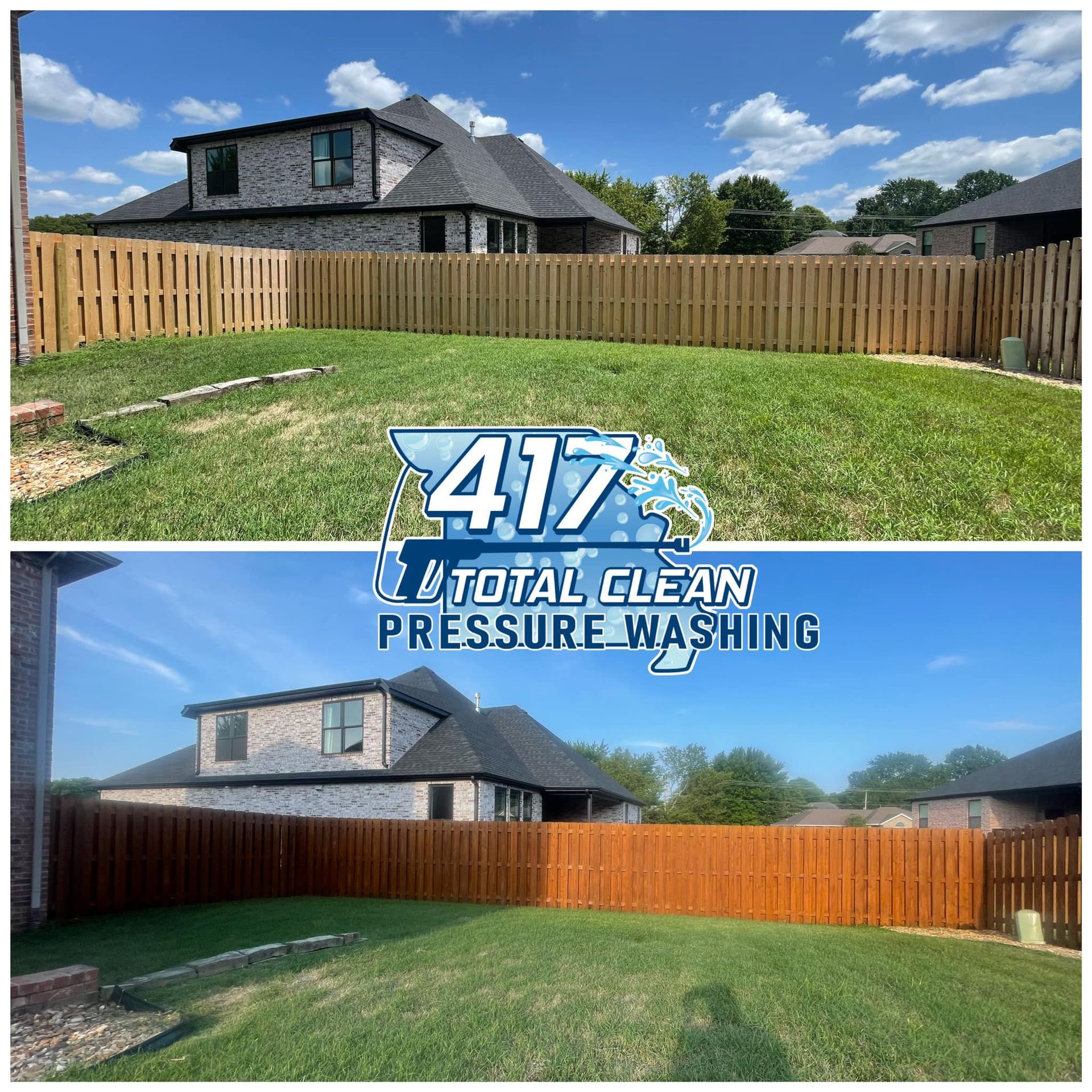 A before and after photo of a wooden fence being pressure washed.