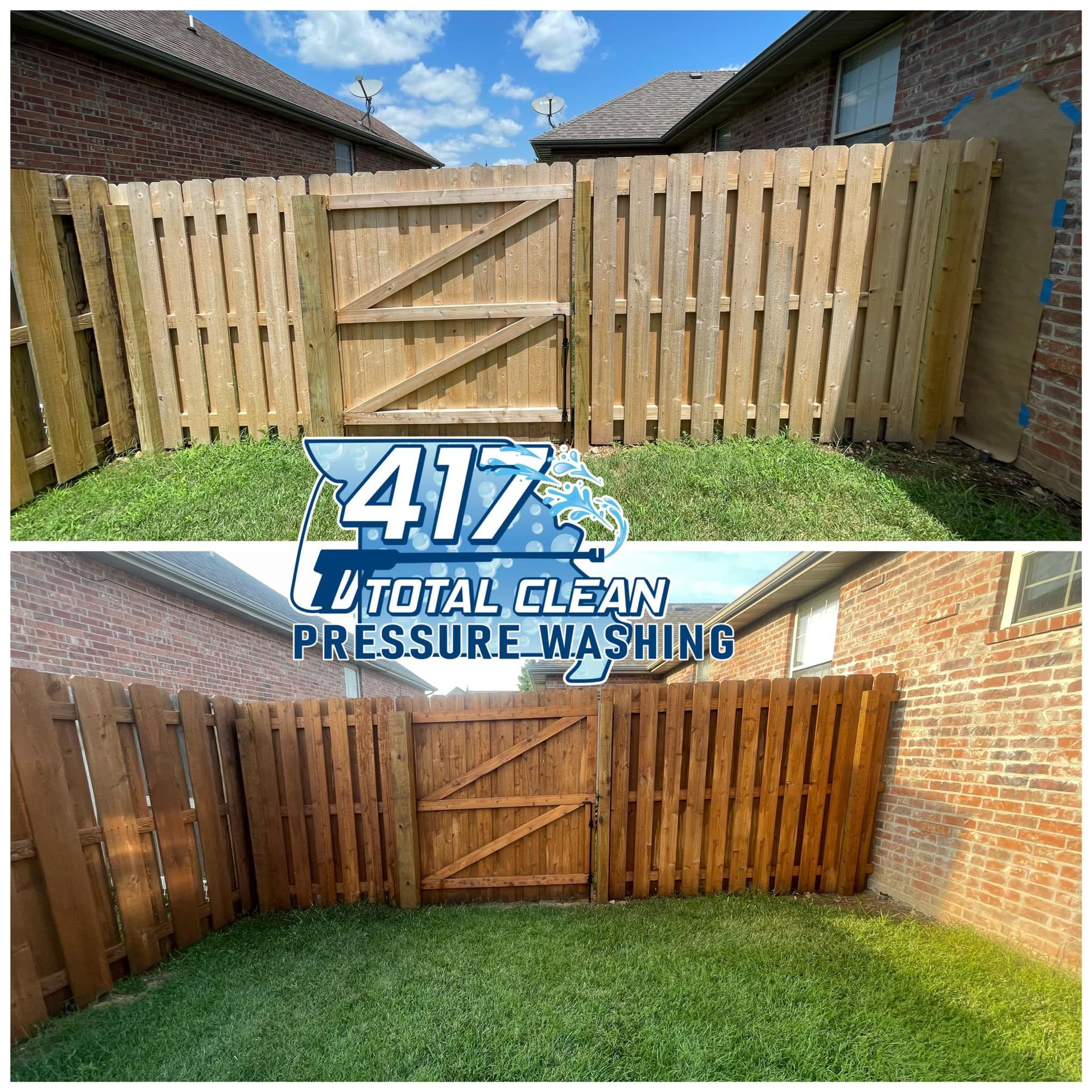 A before and after photo of a wooden fence and gate.