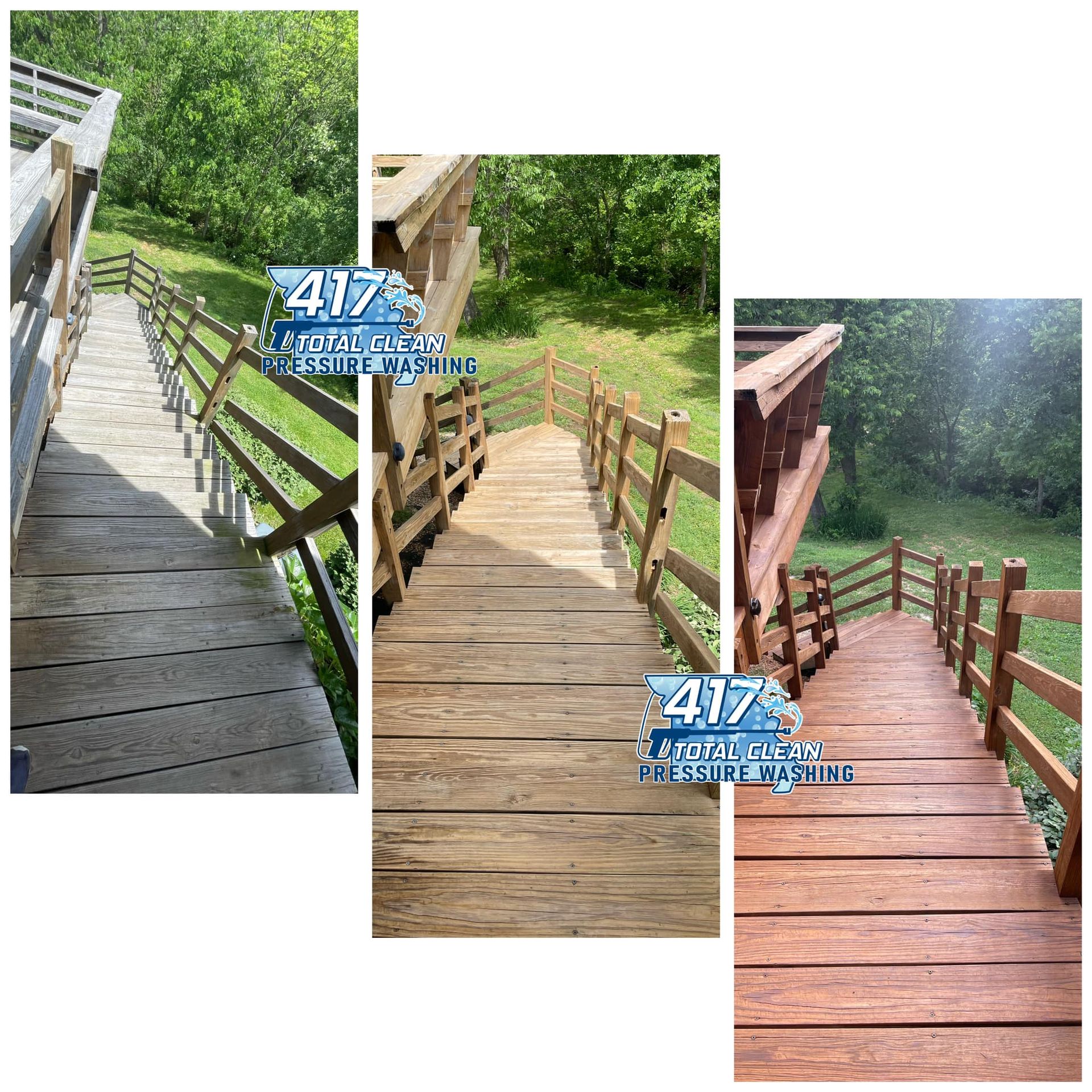 A before and after picture of a wooden deck.