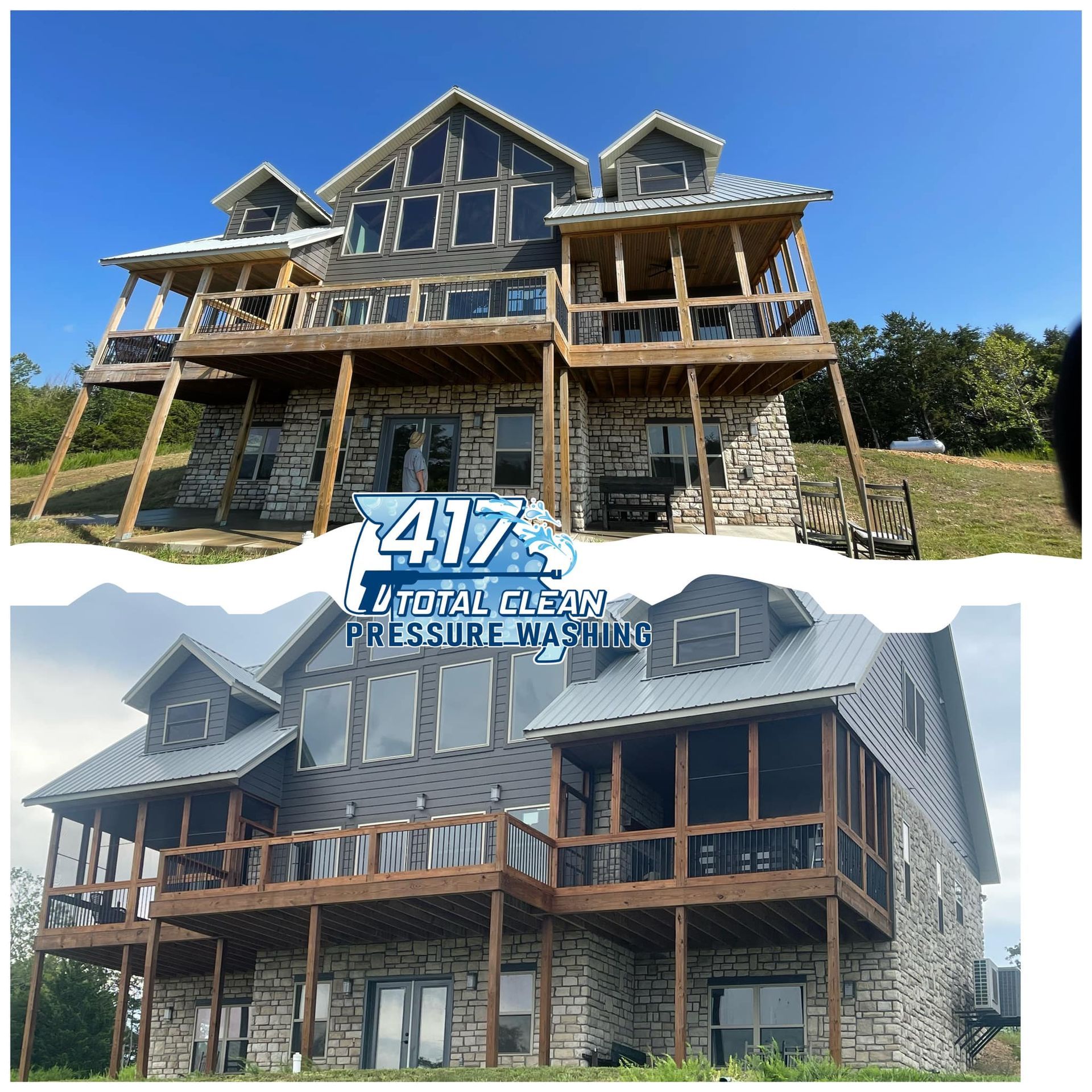 A picture of a house before and after pressure washing