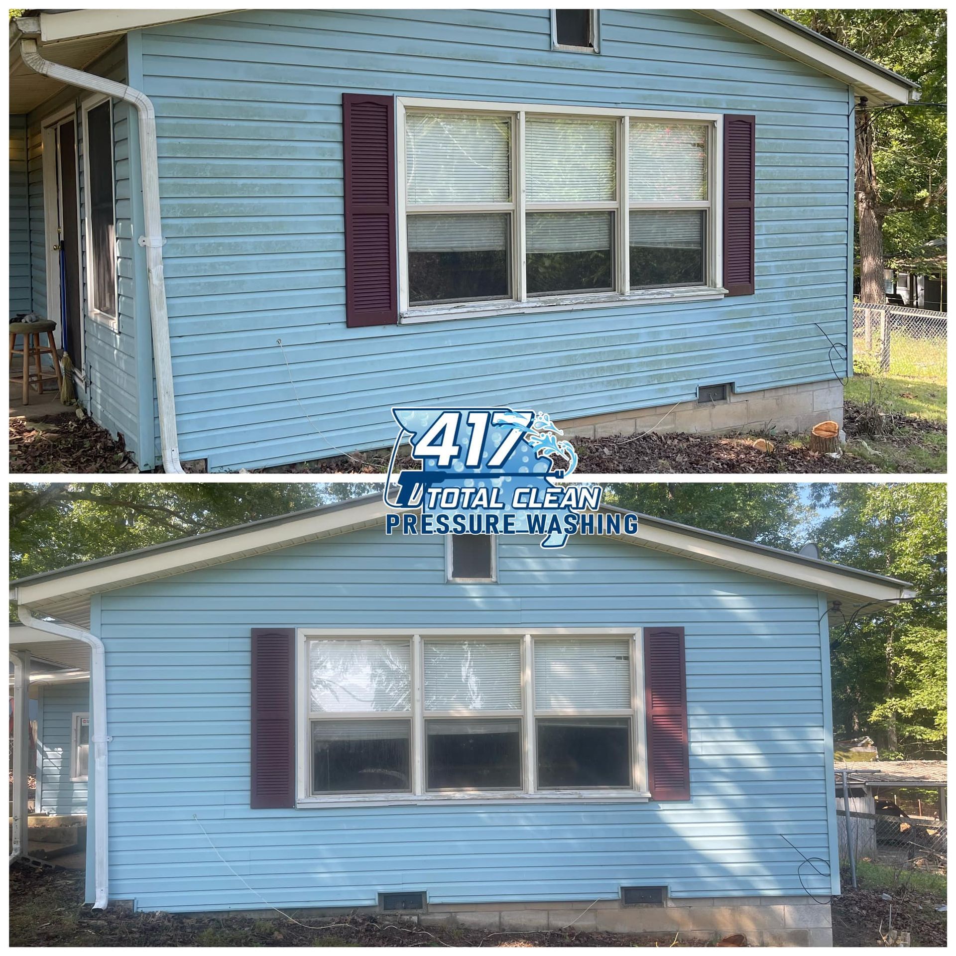 A before and after picture of a blue house with purple shutters.