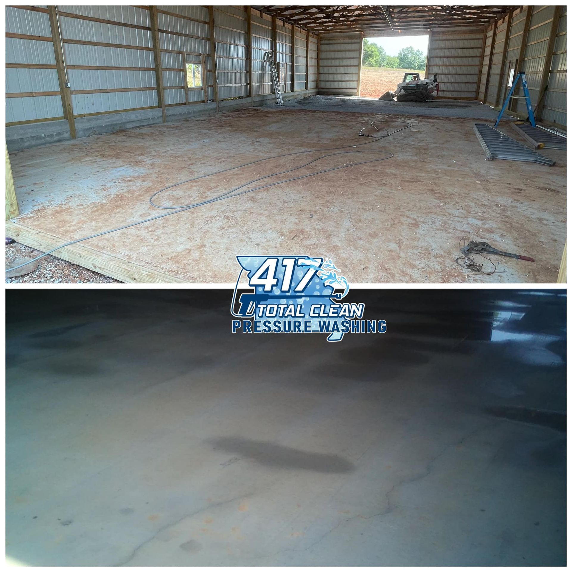A before and after photo of a concrete floor in a building.