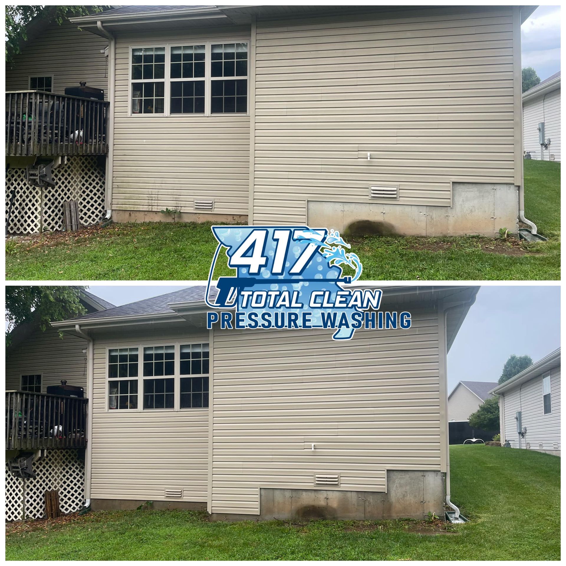 A before and after photo of a house that has been pressure washed.