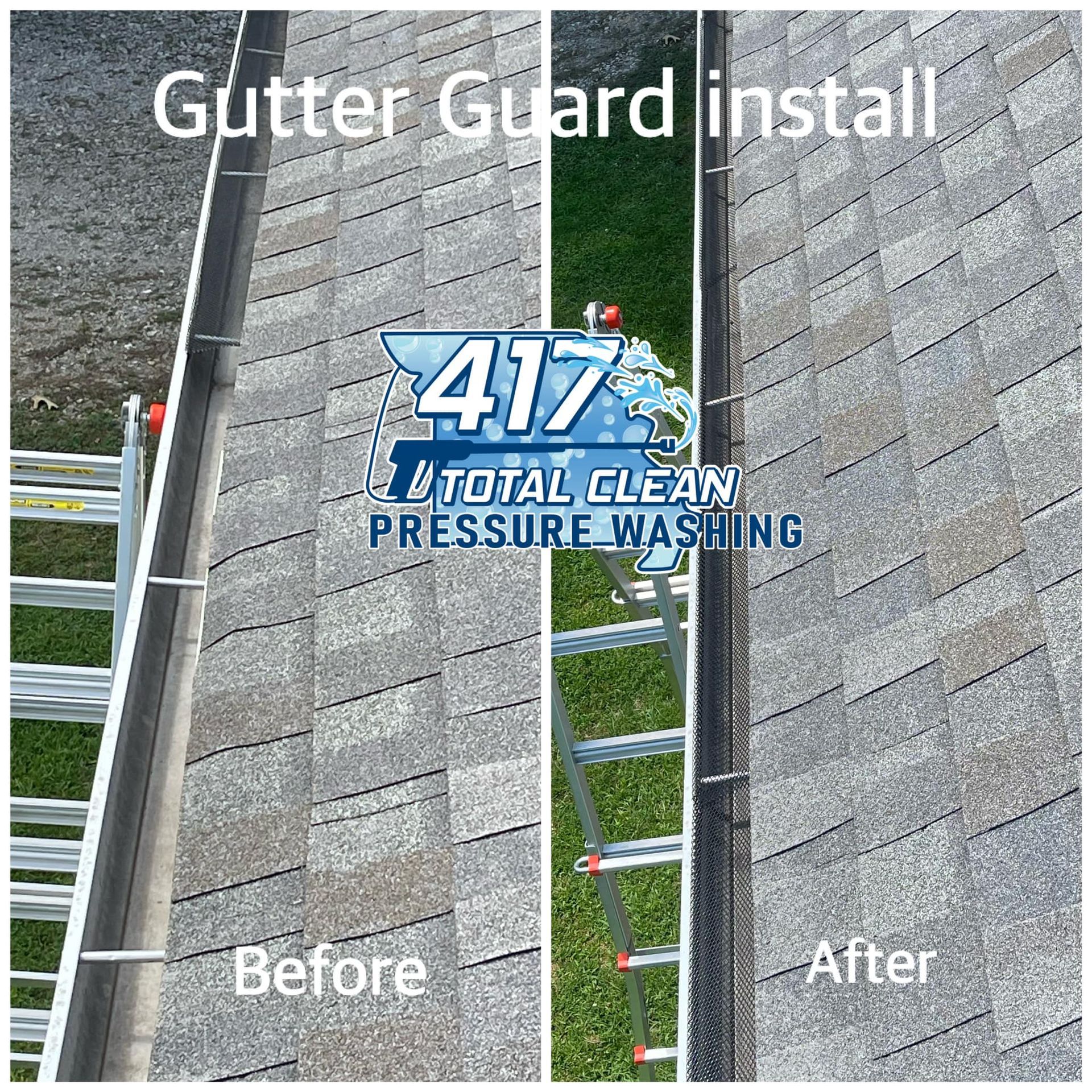 A before and after picture of a gutter guard installation on a roof.