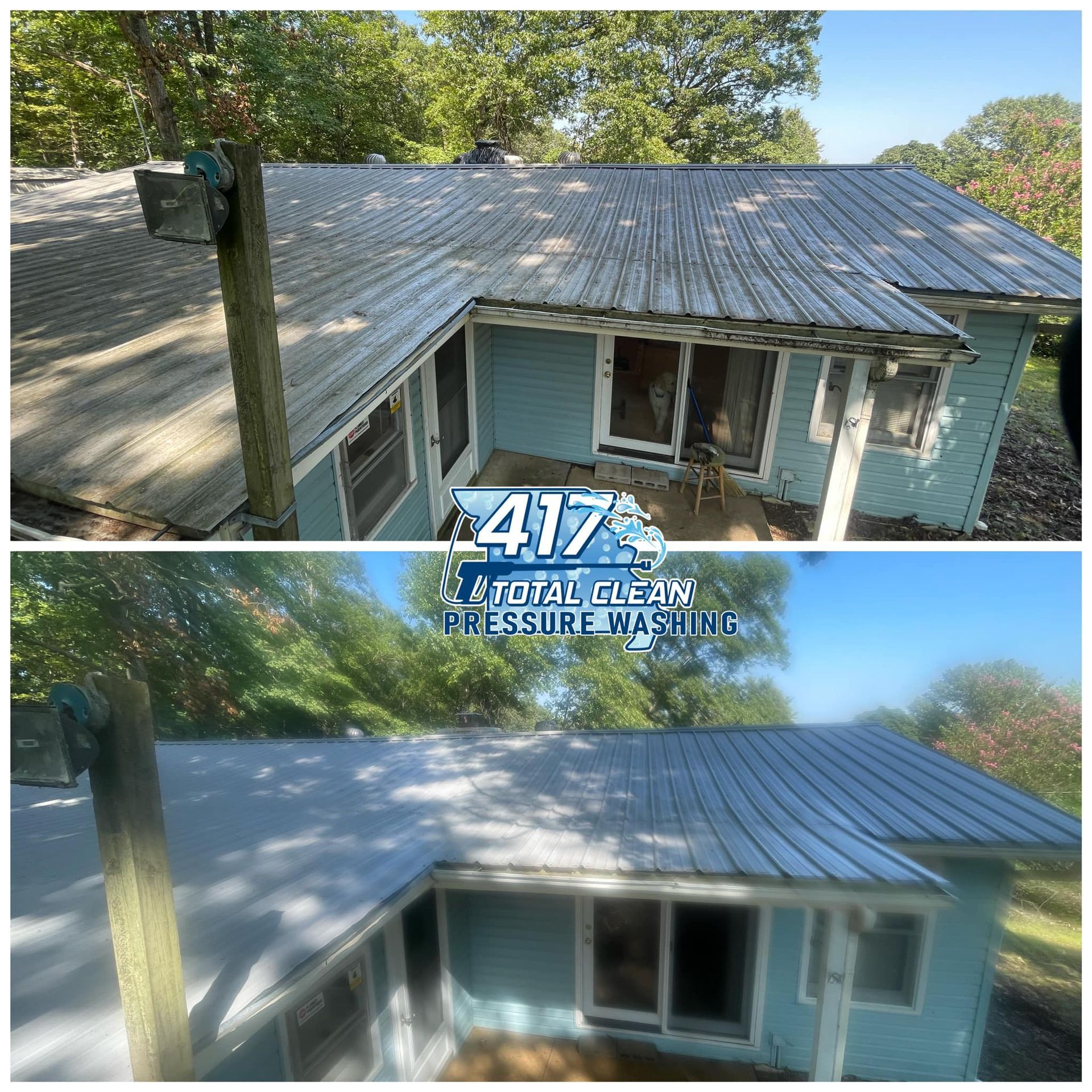 A before and after picture of a house with a metal roof.