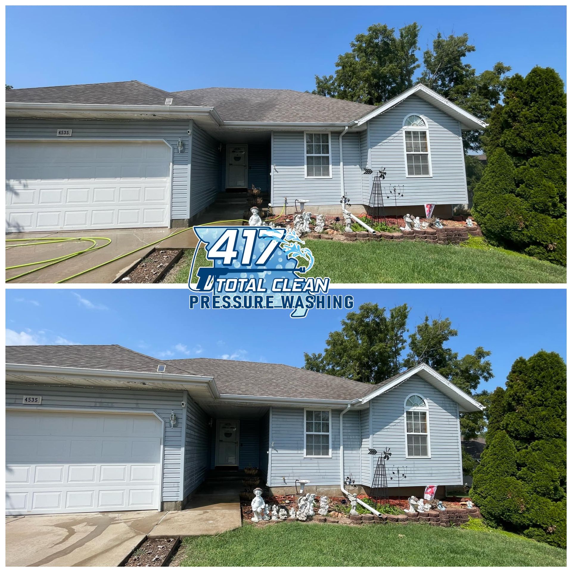 A before and after picture of a house that has been pressure washed