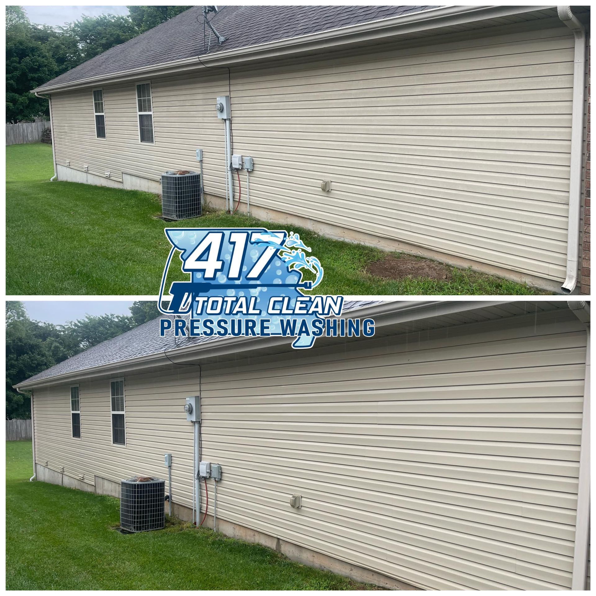A before and after picture of a house that has been pressure washed.