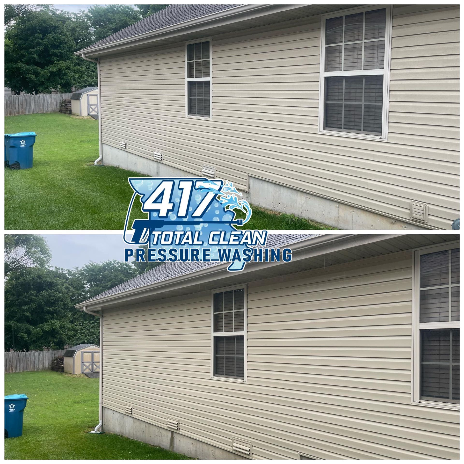 A before and after photo of a house being cleaned by 417 total clean pressure washing