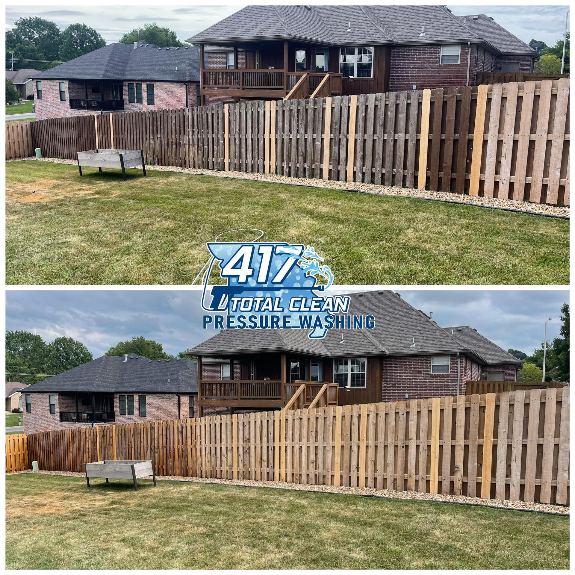 A before and after photo of a wooden fence in front of a house.