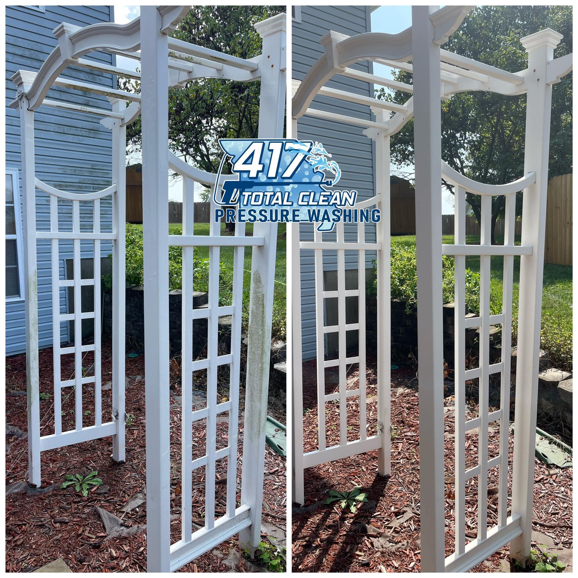 A before and after picture of a white pergola in a yard.