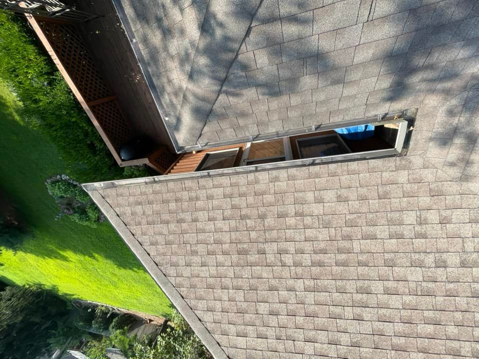 An aerial view of a house with a roof and a window.