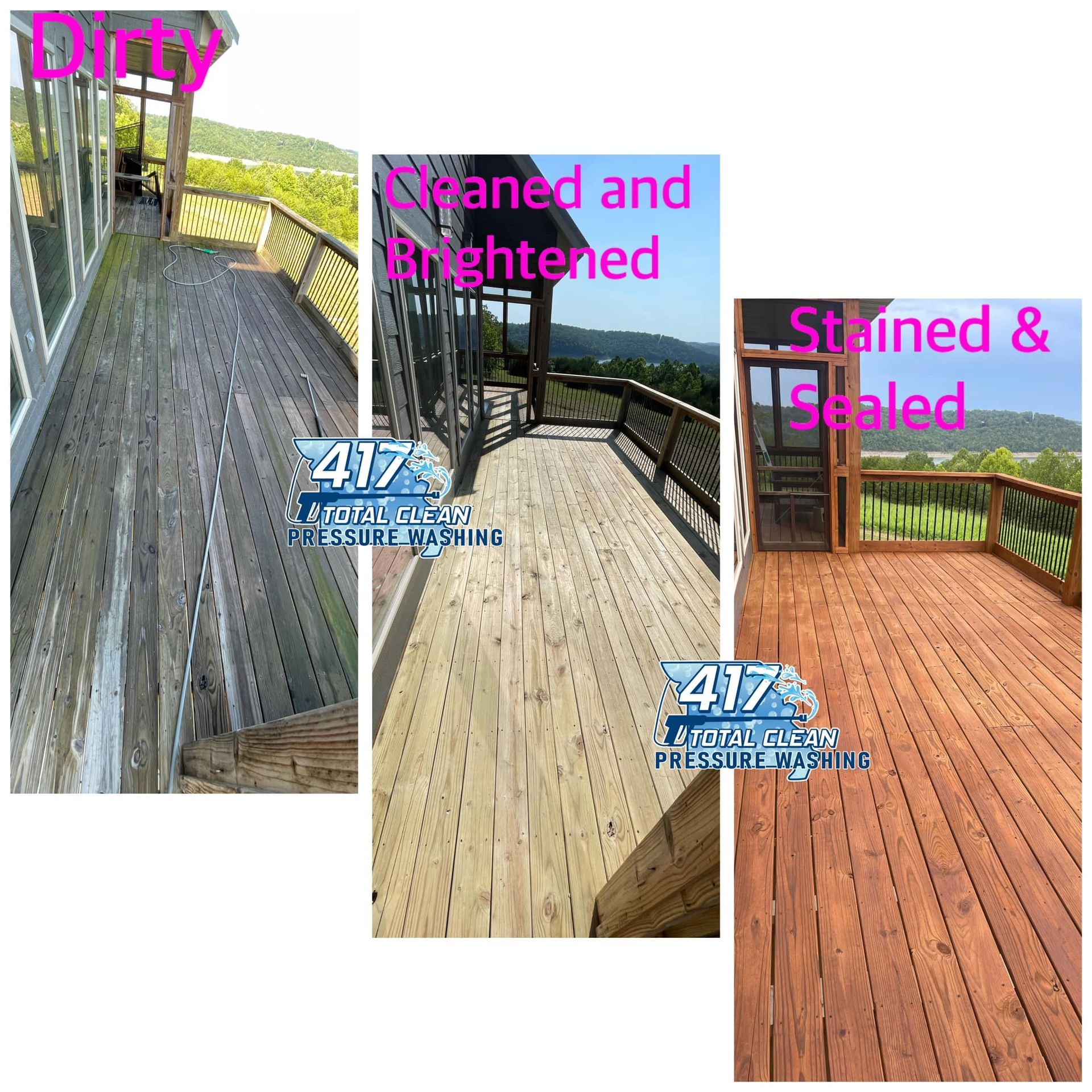 A before and after photo of a wooden deck