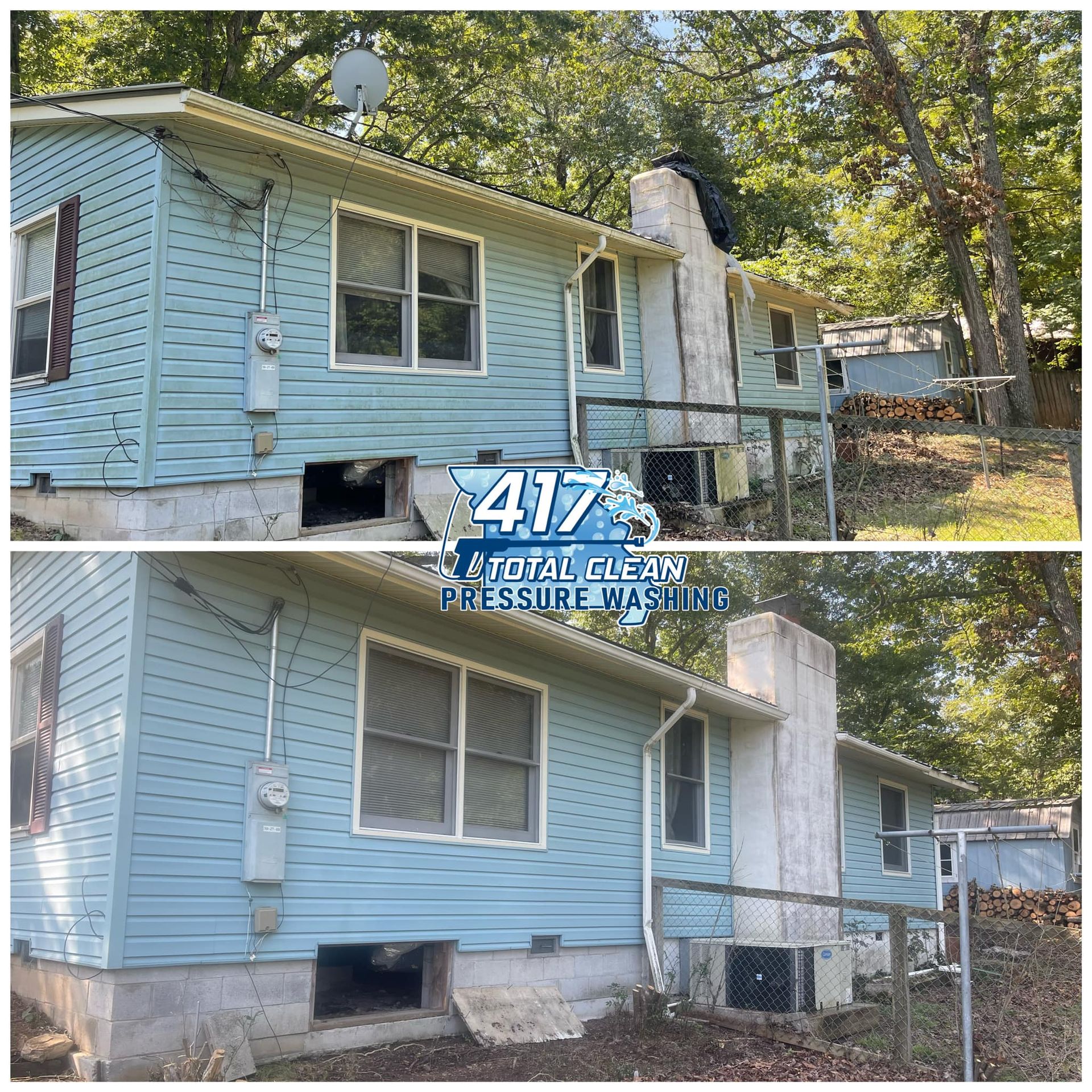 A before and after picture of a blue house that has been pressure washed.