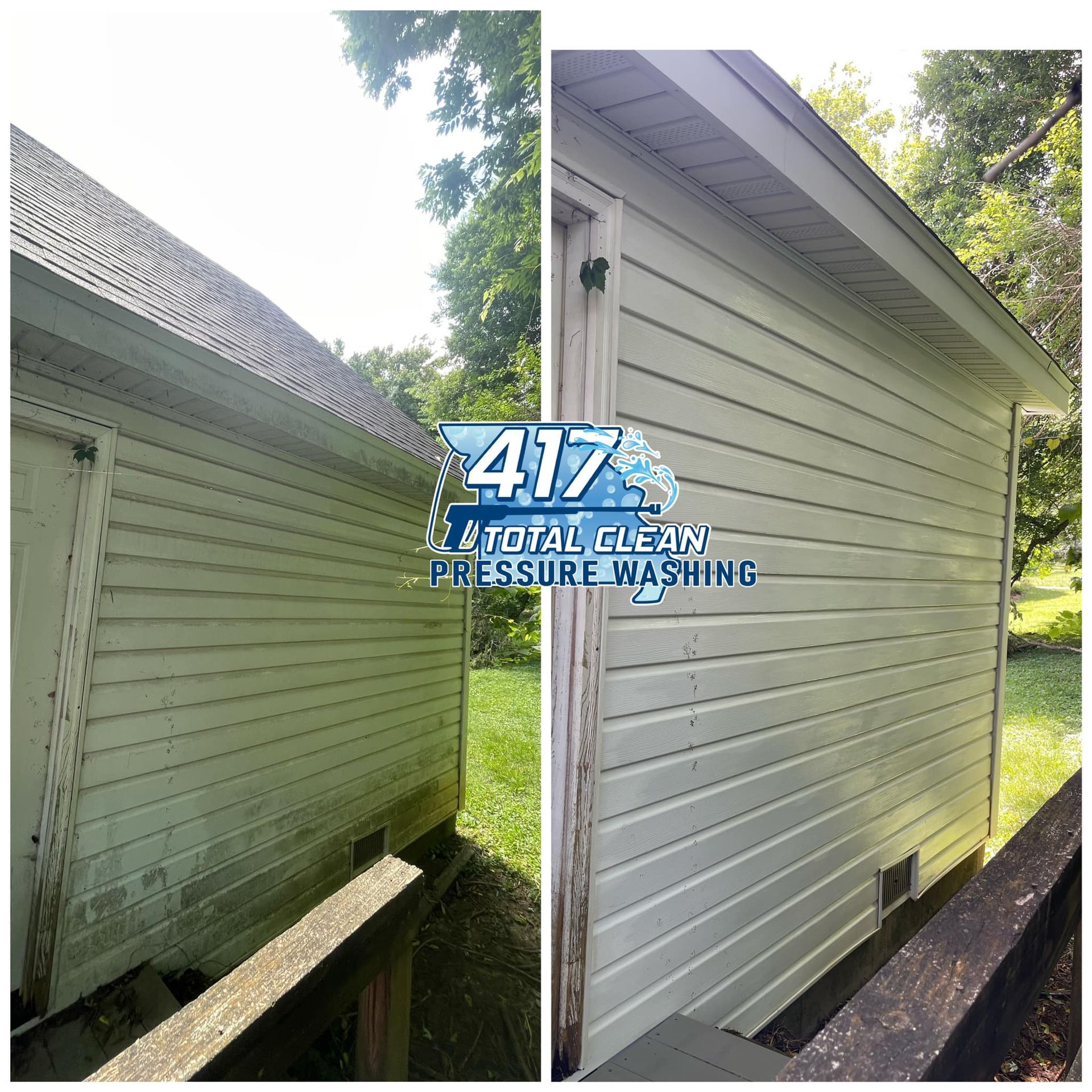A before and after picture of a house that has been pressure washed.