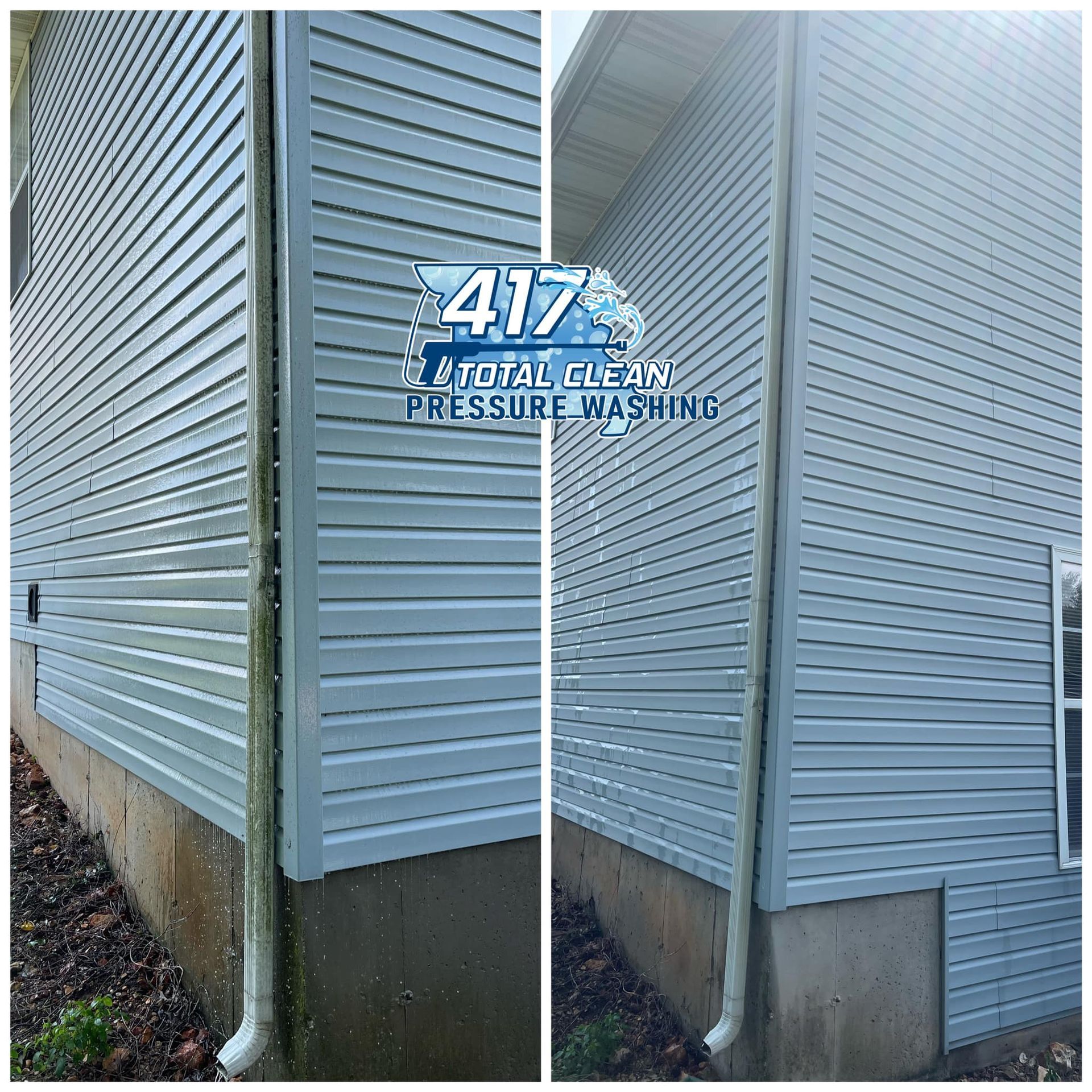 A before and after photo of a house 's siding being cleaned by a pressure washer.