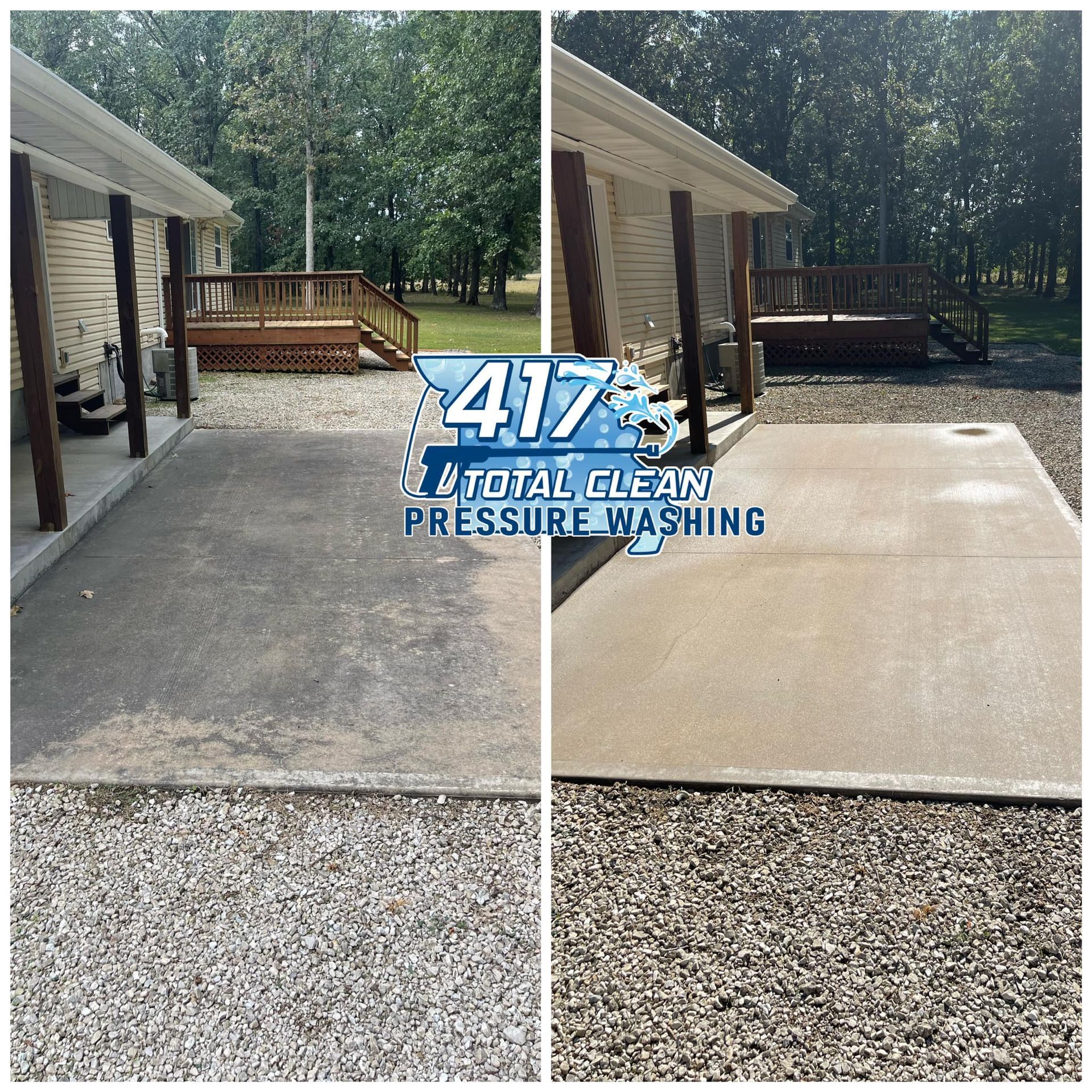 A before and after photo of a driveway with a house in the background.