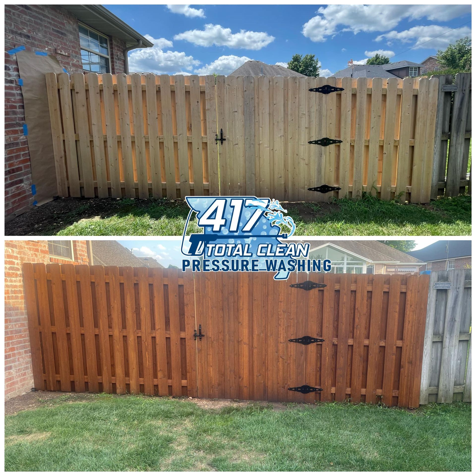 A before and after photo of a wooden fence being pressure washed.