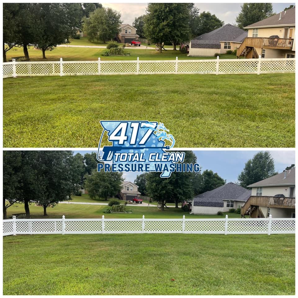 A before and after picture of a lawn with a white fence.