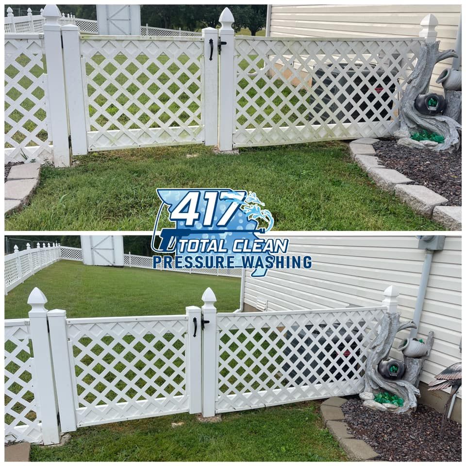 A before and after photo of a white lattice fence.