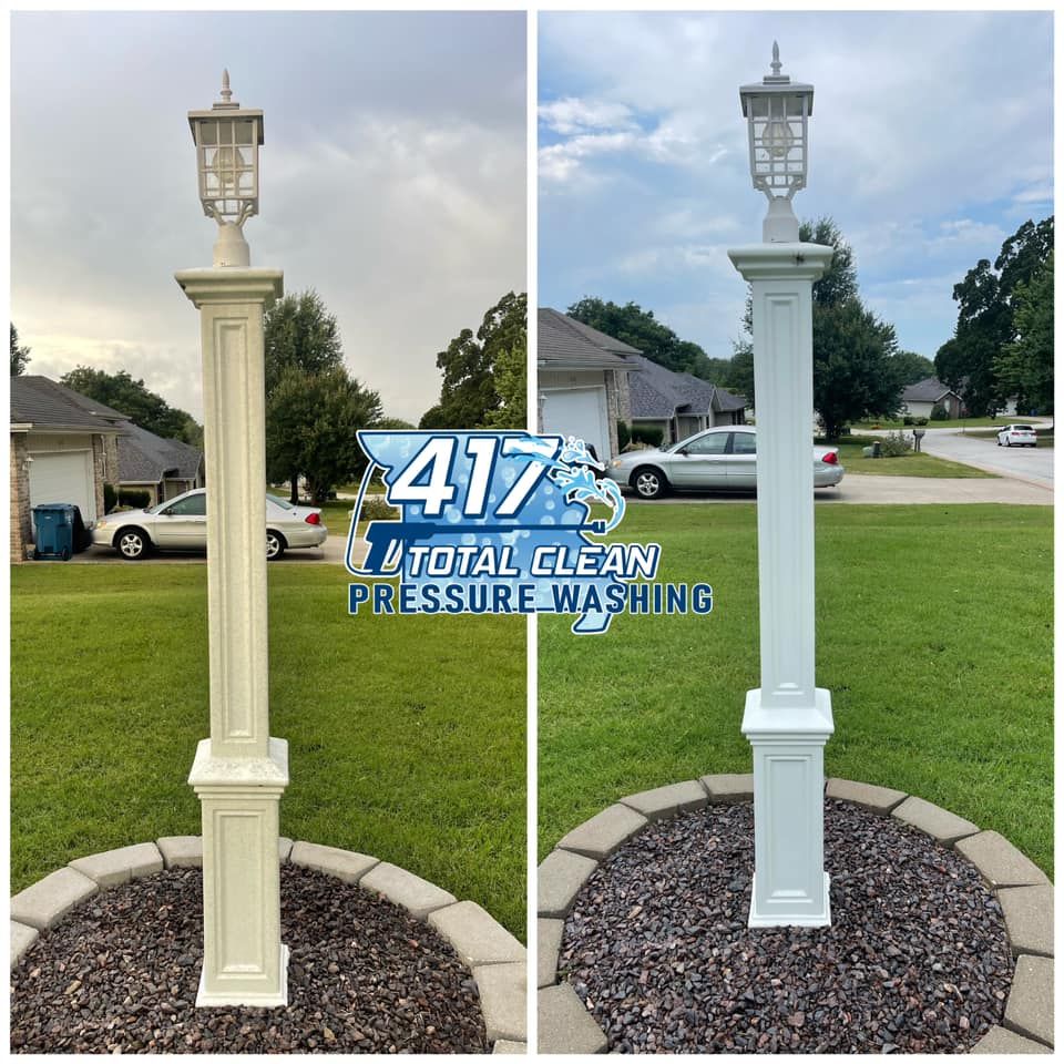 A before and after photo of a lamp post in a yard.