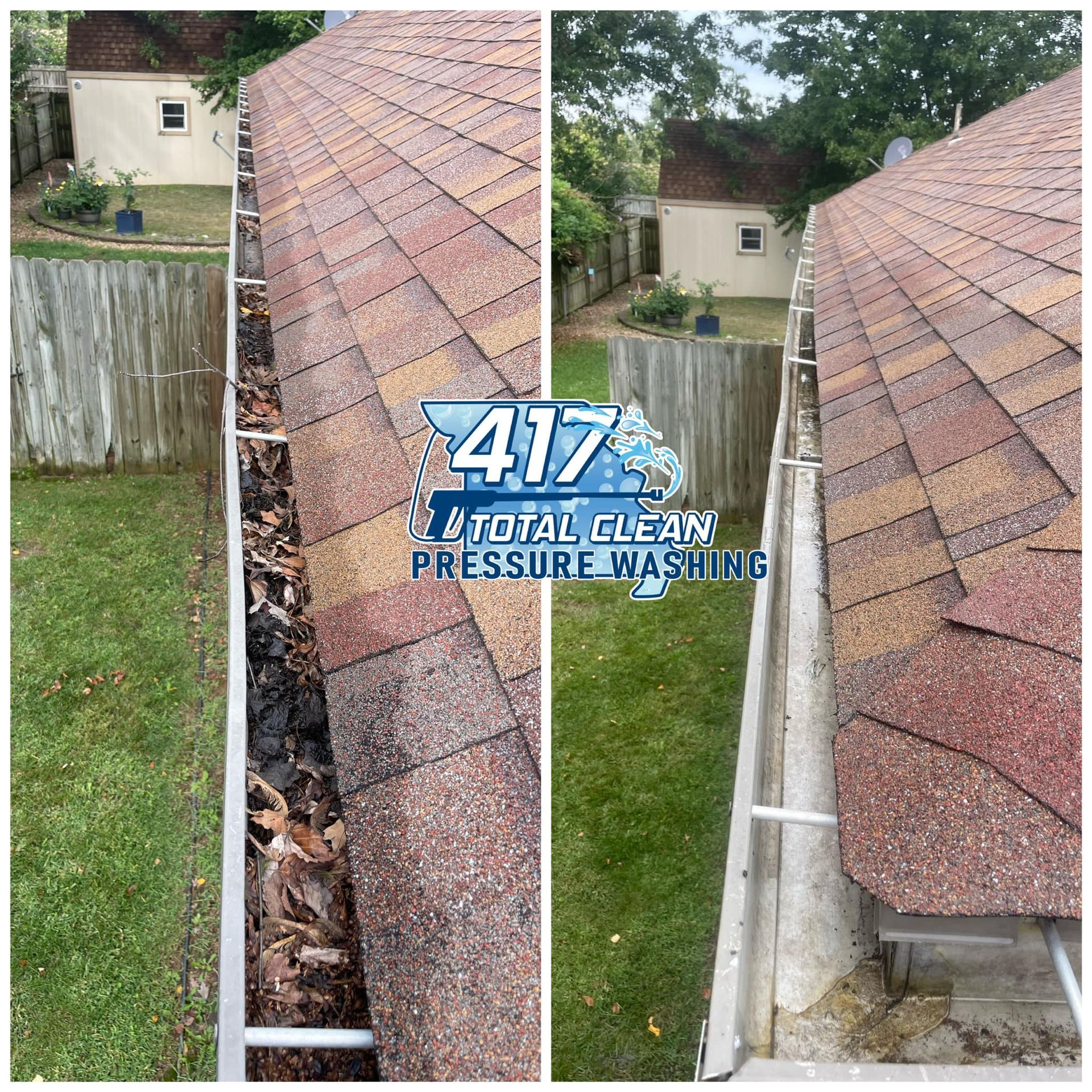 A before and after picture of a gutter being cleaned by 417 total clean pressure washing.