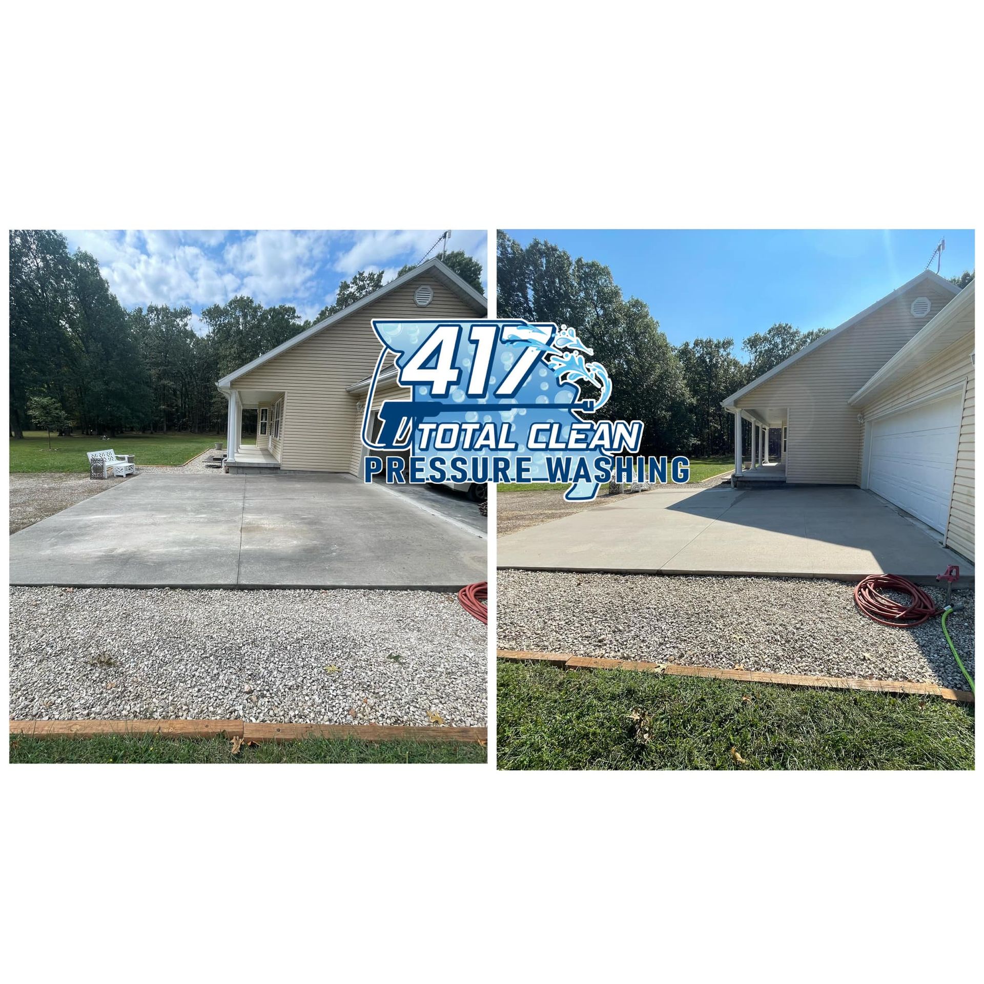 A before and after picture of a driveway being cleaned by a total clean pressure washing company.