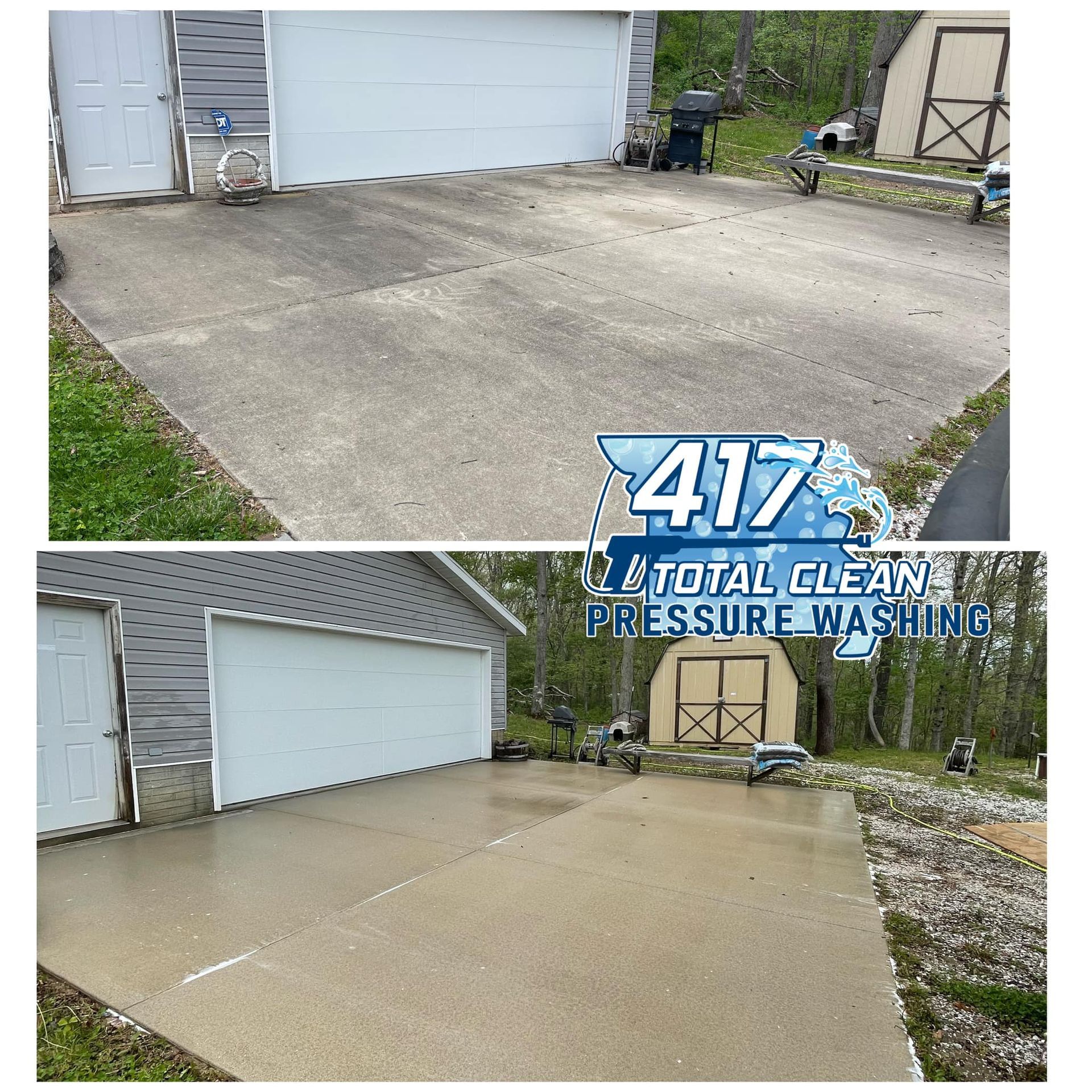 A before and after picture of a driveway that has been pressure washed.