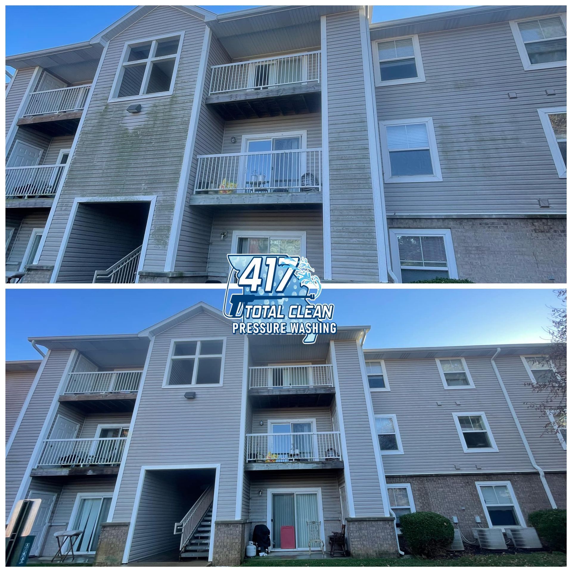 A before and after picture of a building that has been pressure washed.