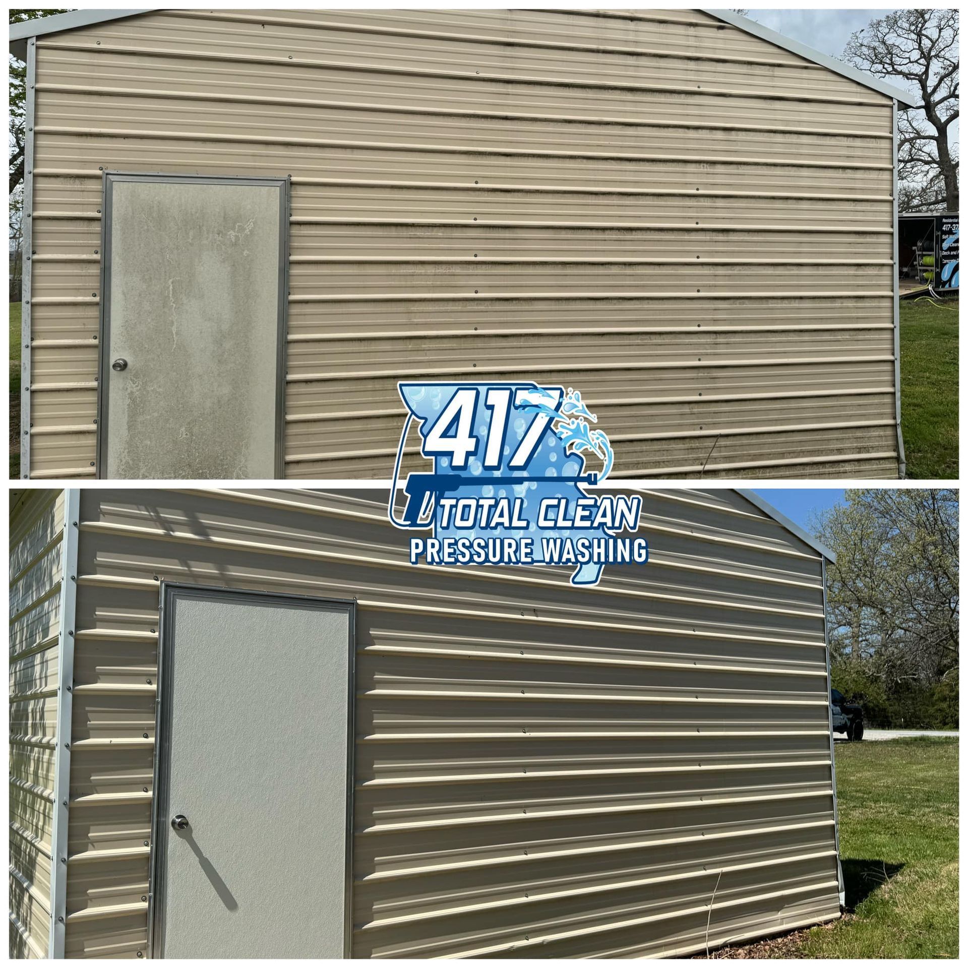 A before and after picture of a shed with a sign that says 417 total clean pressure washing