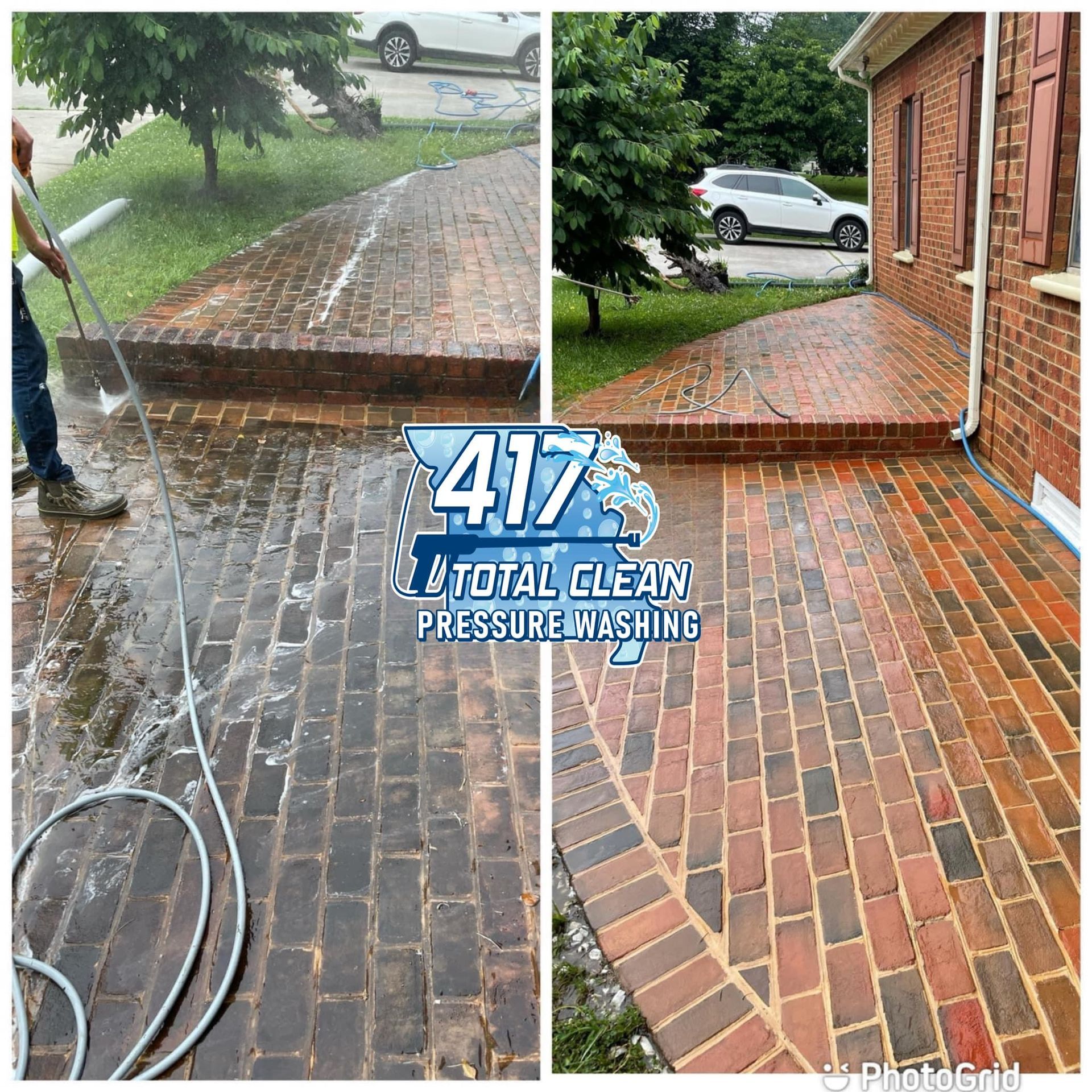 A man is cleaning a brick walkway with a pressure washer.