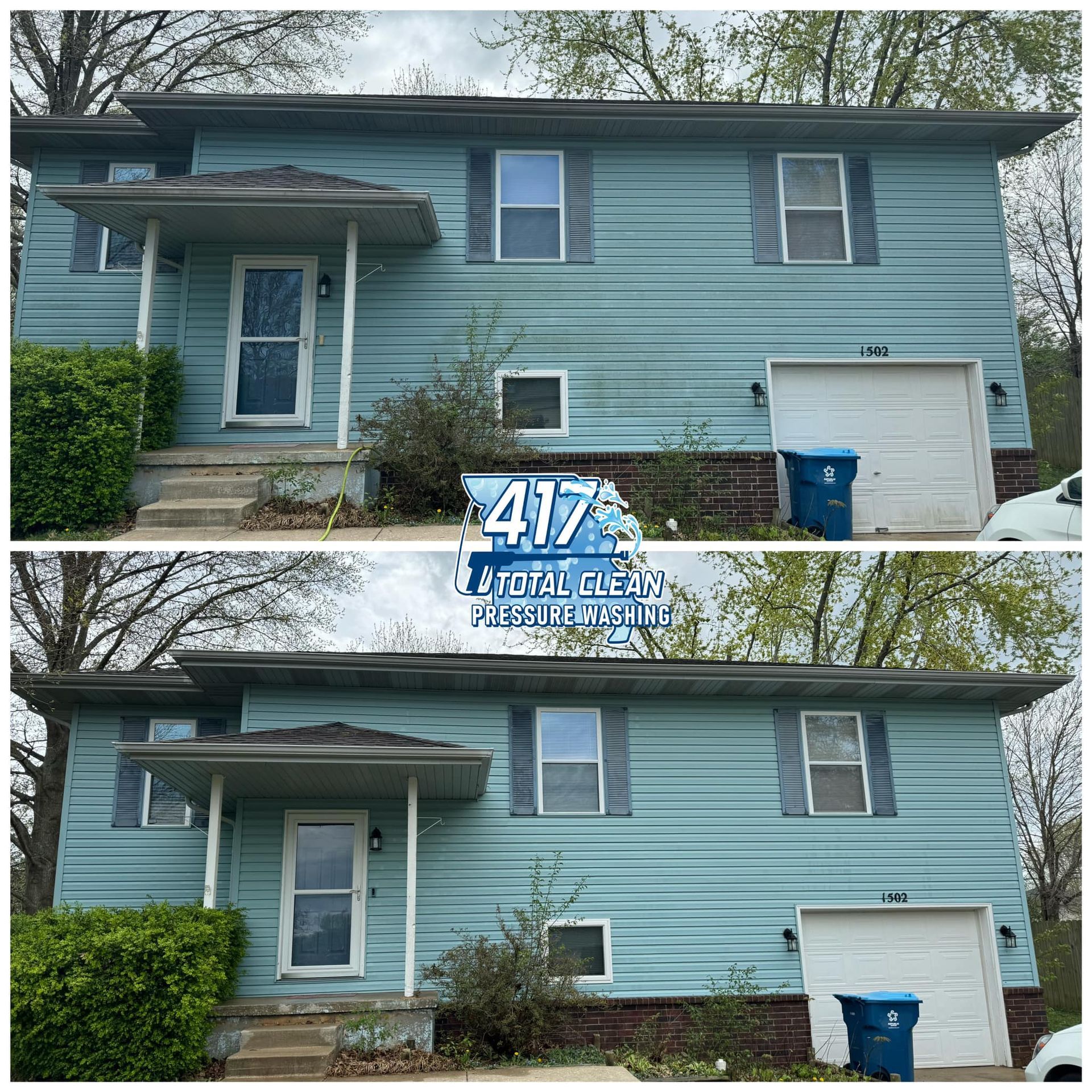 A before and after picture of a blue house with a white garage door.